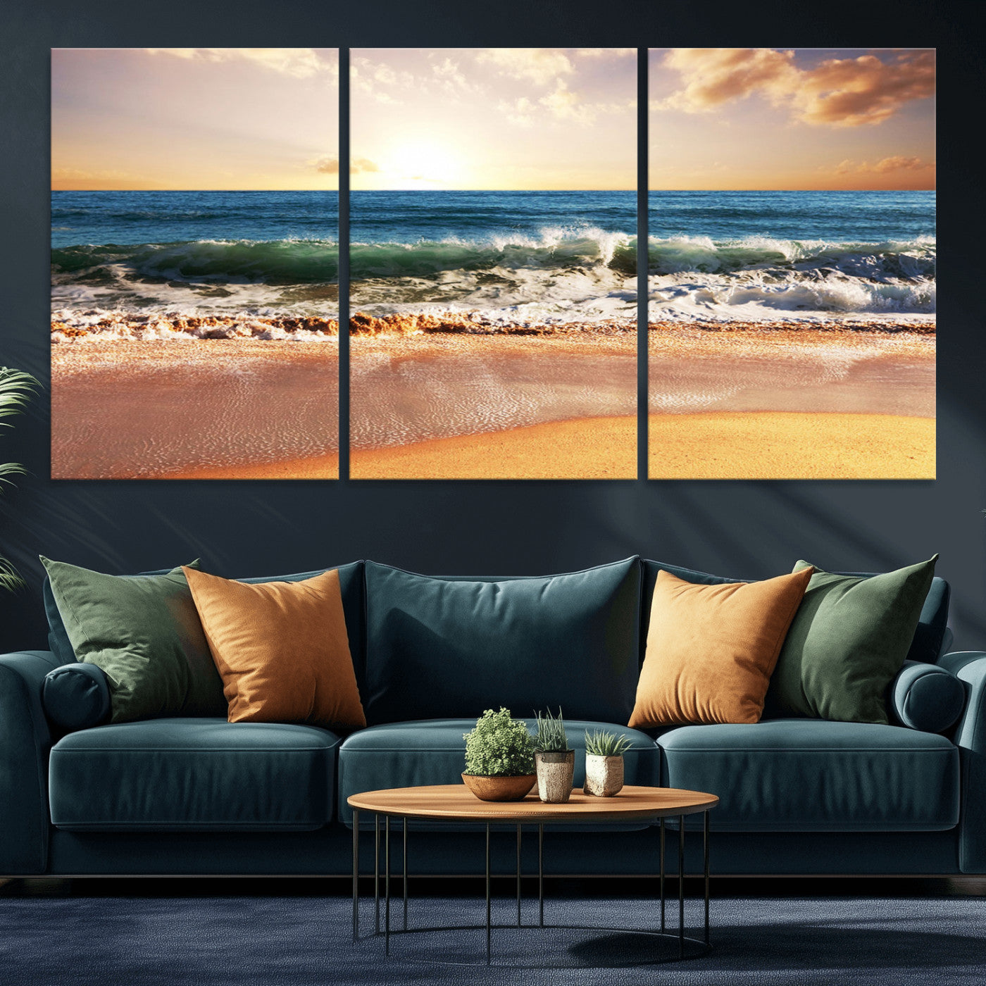 42011-MGV-CV-36X24-Sunset Beach Wall Art - 3-Panel Framed Canvas Print, Ready to Hang Ocean Sunset for Coastal and