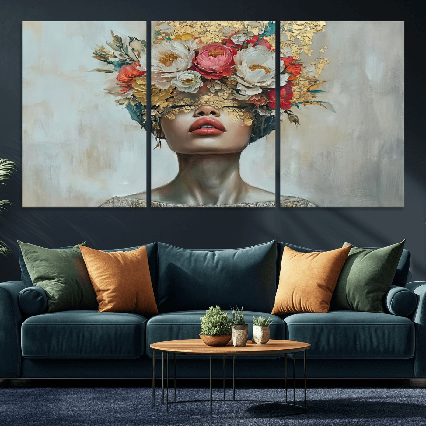 26919-MGV-CV-36X24 - Golden Petal Wall Art Canvas Print - Silhouette Woman Wall Art Canvas Print, Floral Woman Portrait