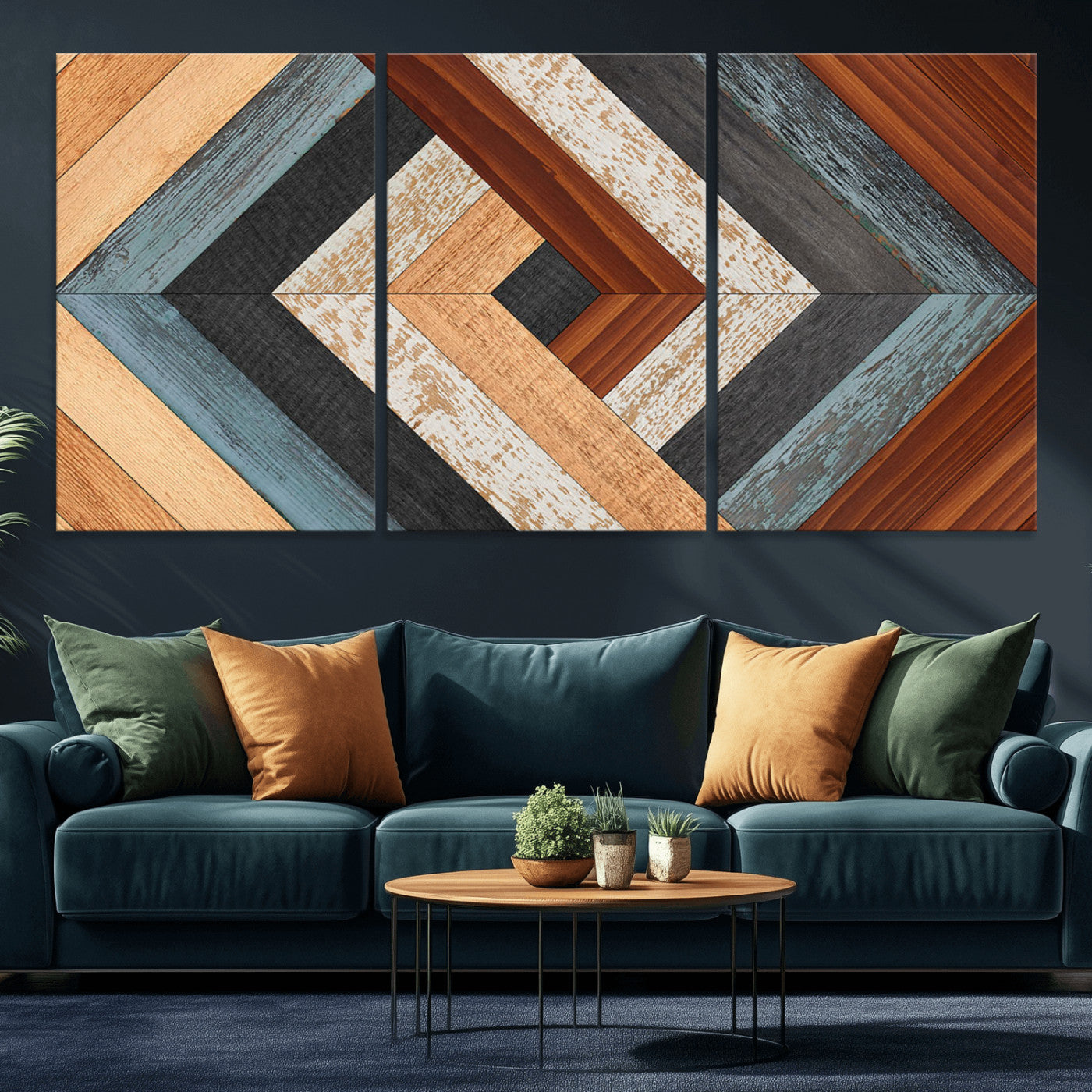 20897-MGV-CV-36X24-Geometric Wood Art Wall Decor Canvas Print, Rustic Wooden Pattern Triptych Wall Art for Living Room