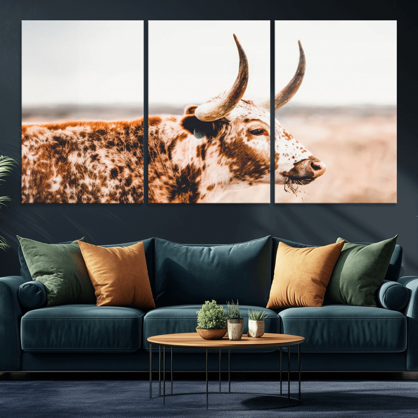 -Speckled Bull Wall Art Canvas Print – Rustic Cow Longhorn Farmhouse Animal Decor – Western Longhorn