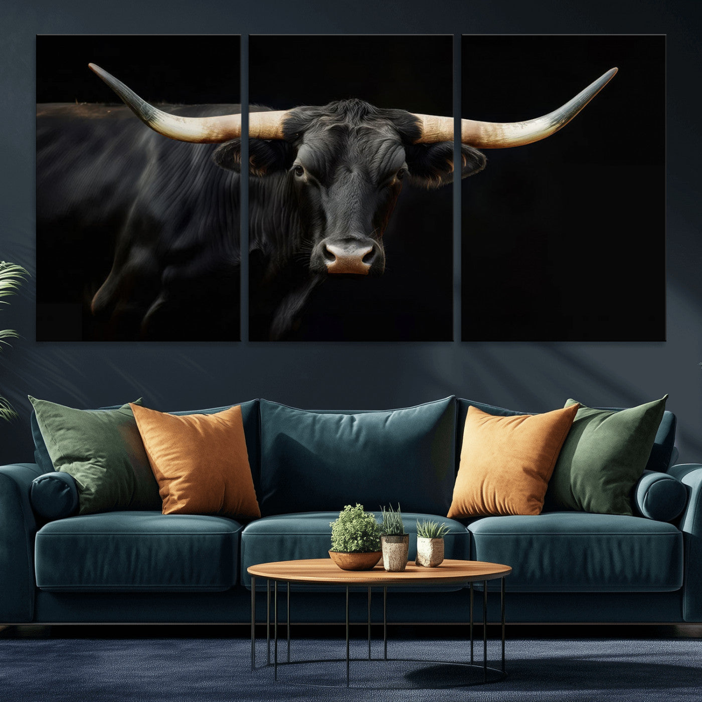 -Black Bull Wall Art – Majestic Longhorn Canvas Print with Dark Background, Rustic Western Farmhouse Decor for Living Room or Office