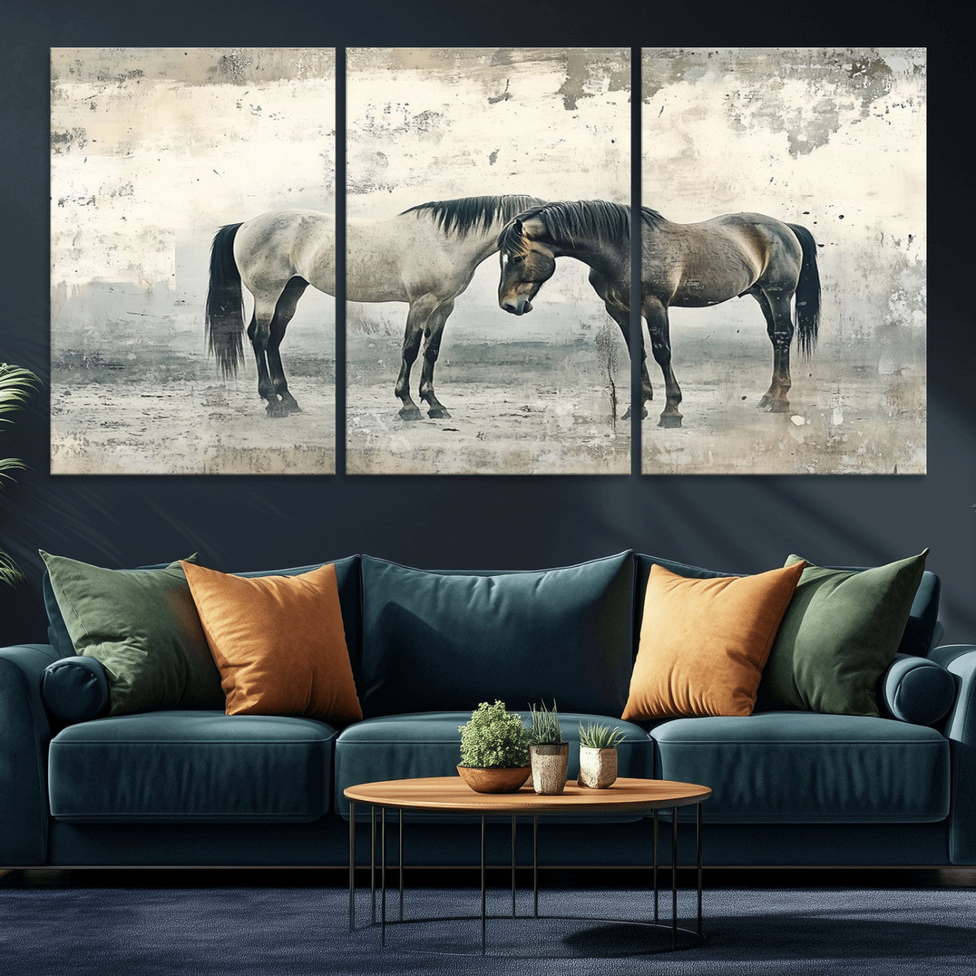 -Chines Style Majestic Horses Wall Art | Ready to Hang and Framed Triptych Print | Western Farmhouse