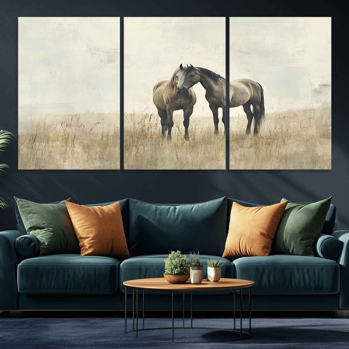 -Chines Style Grunge Horses Wall Art Canvas Print