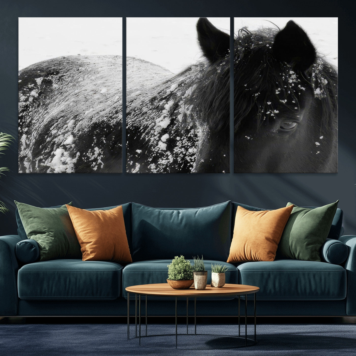 -Black Horse in Snow Canvas Print | Winter Horse Wall Art | Ready to Hang and Framed | Farmhouse Wall