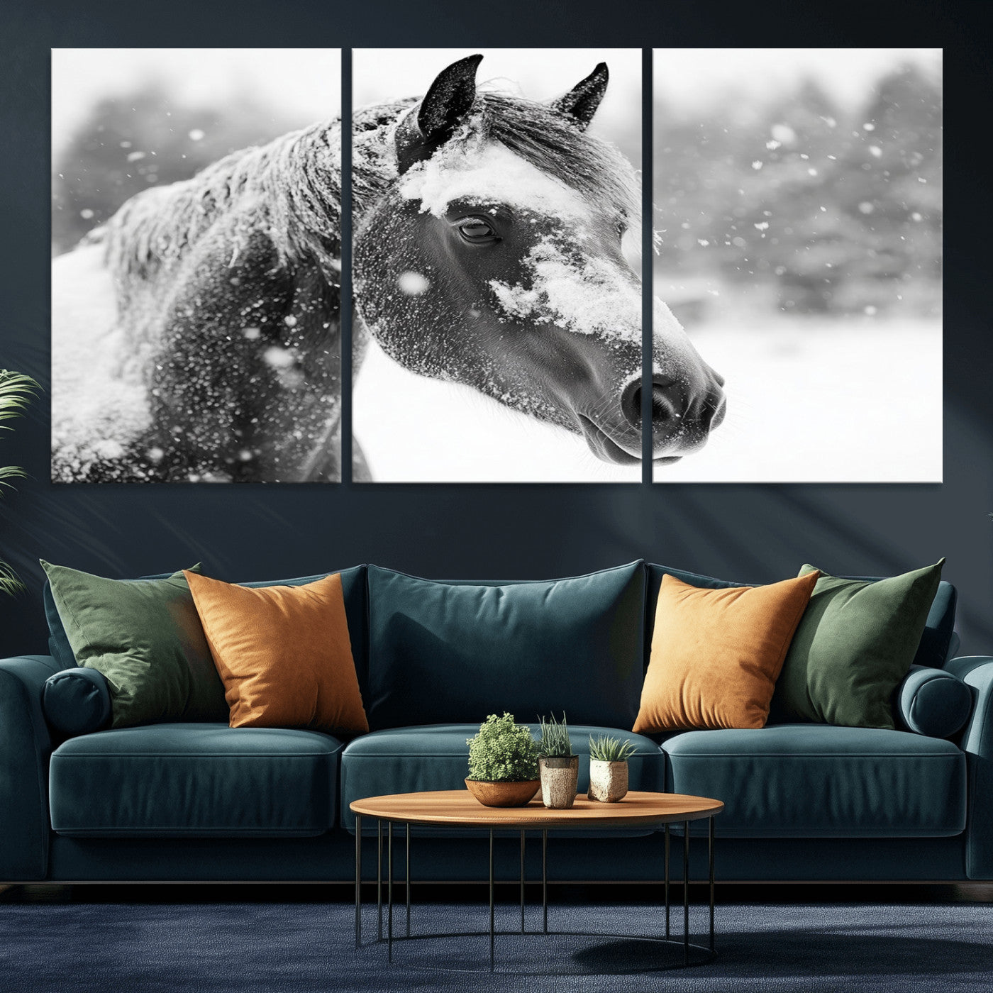 13358-MGV-CV-36X24-Black Horse Winter Wall Art | Ready to Hang and Framed | Farmhouse and Western Wall Decor for Living Room