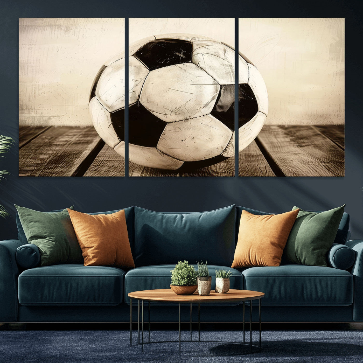 -Vintage Soccer Ball Wall Decor Canvas Art – 3-Panel Soccer Wall Decor, Framed and Ready to Hang