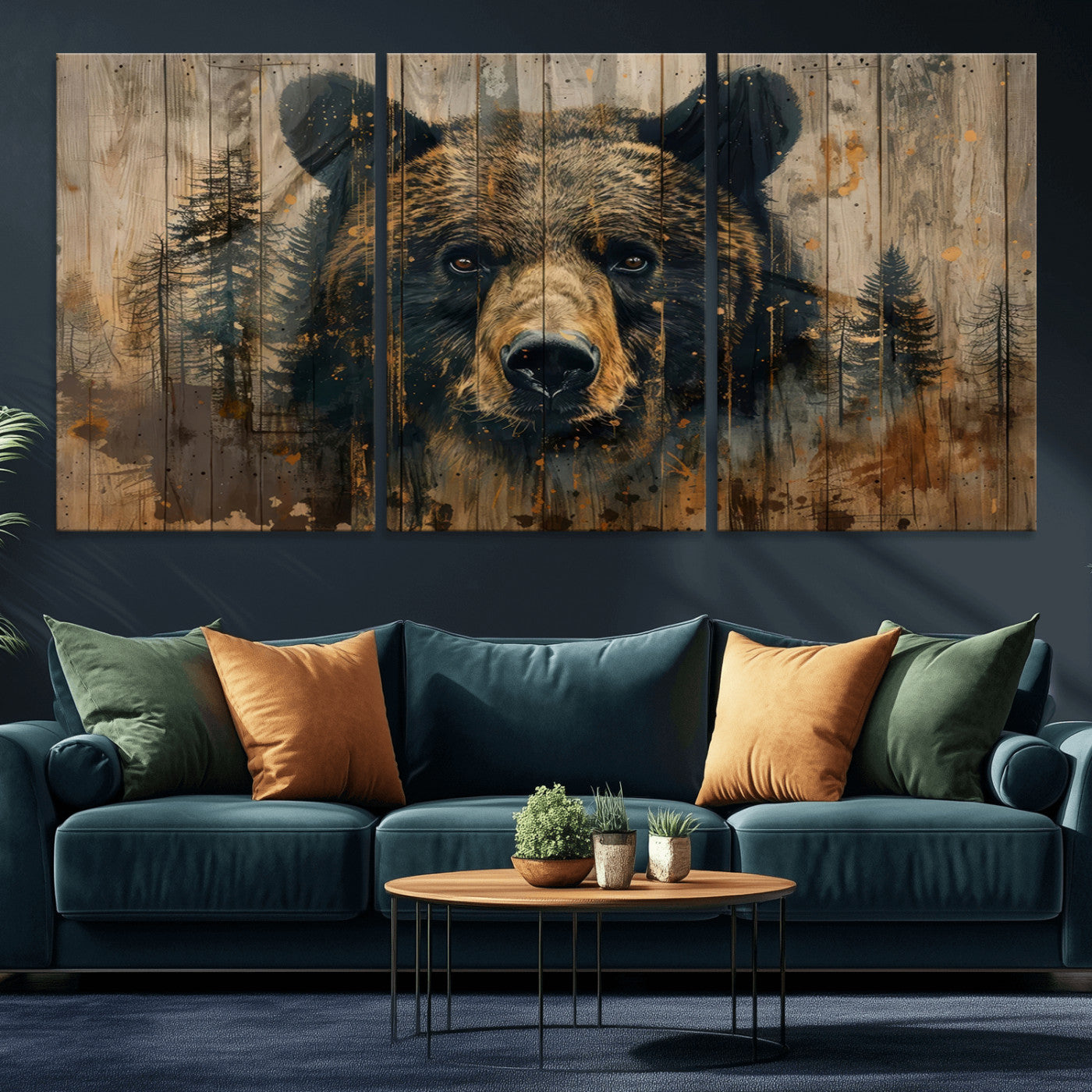 -Abstract 399 Bear Wall Art | Rustic Cabin Wall Decor with Forest Design | Framed and Ready to Hang |