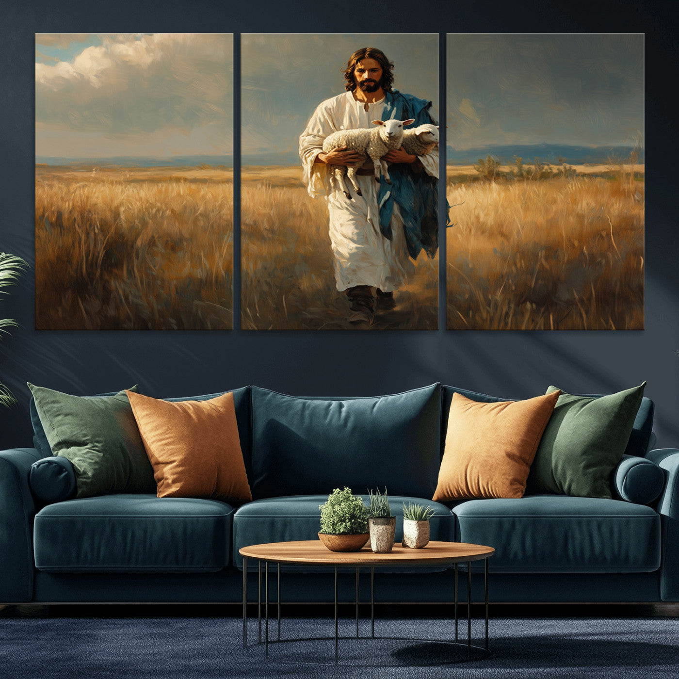 -Jesus Shepherd Wall Art | Ready to Hang Triptych Canvas of Jesus Holding a Lamb in a Field |