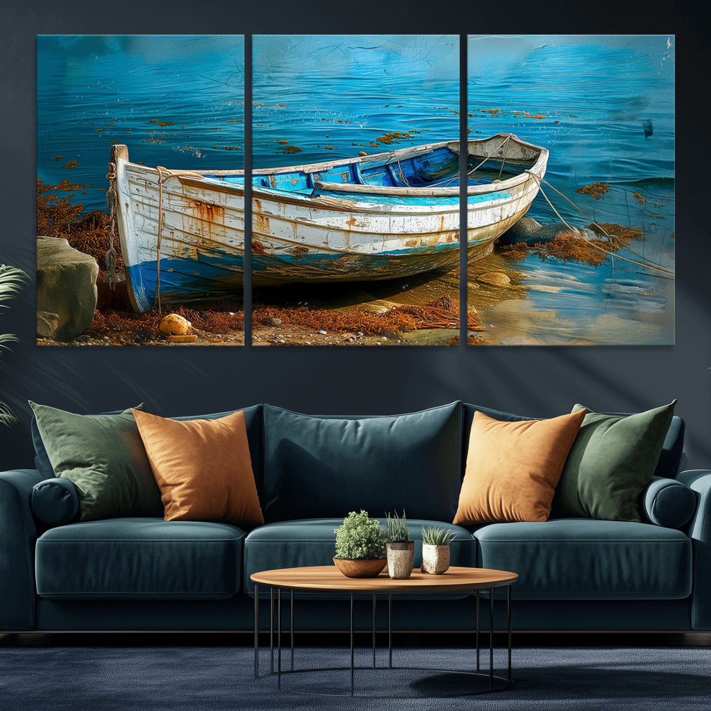 54716-MGV-CV-36X24-Vintage Boat on Tranquil Waters | Coastal Wall Art for Nautical Decor | Rustic Triptych Canvas Print