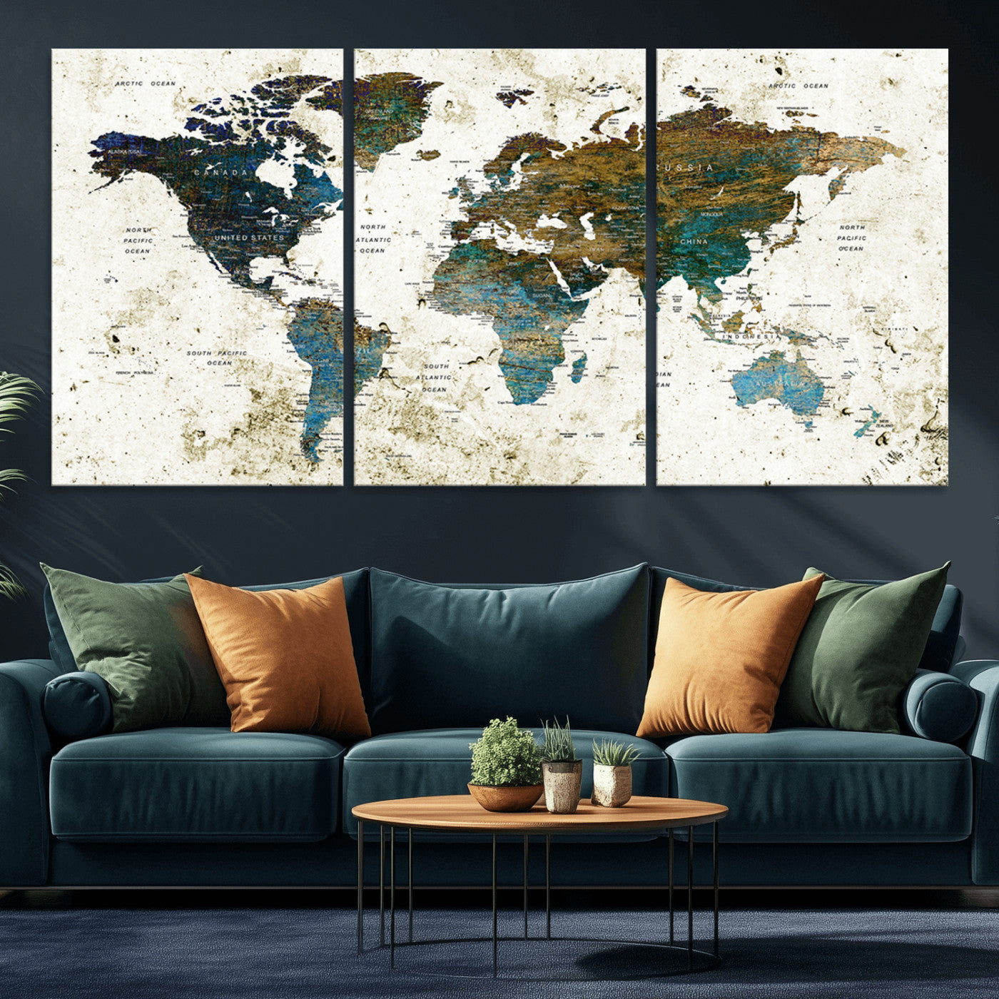 89176-MGV-CV-36X24-Vintage Blue and Brown World Map Canvas Wall Art – Framed Rustic Map Print, Earth Tone Travel Decor for Stylish Home and Office Walls