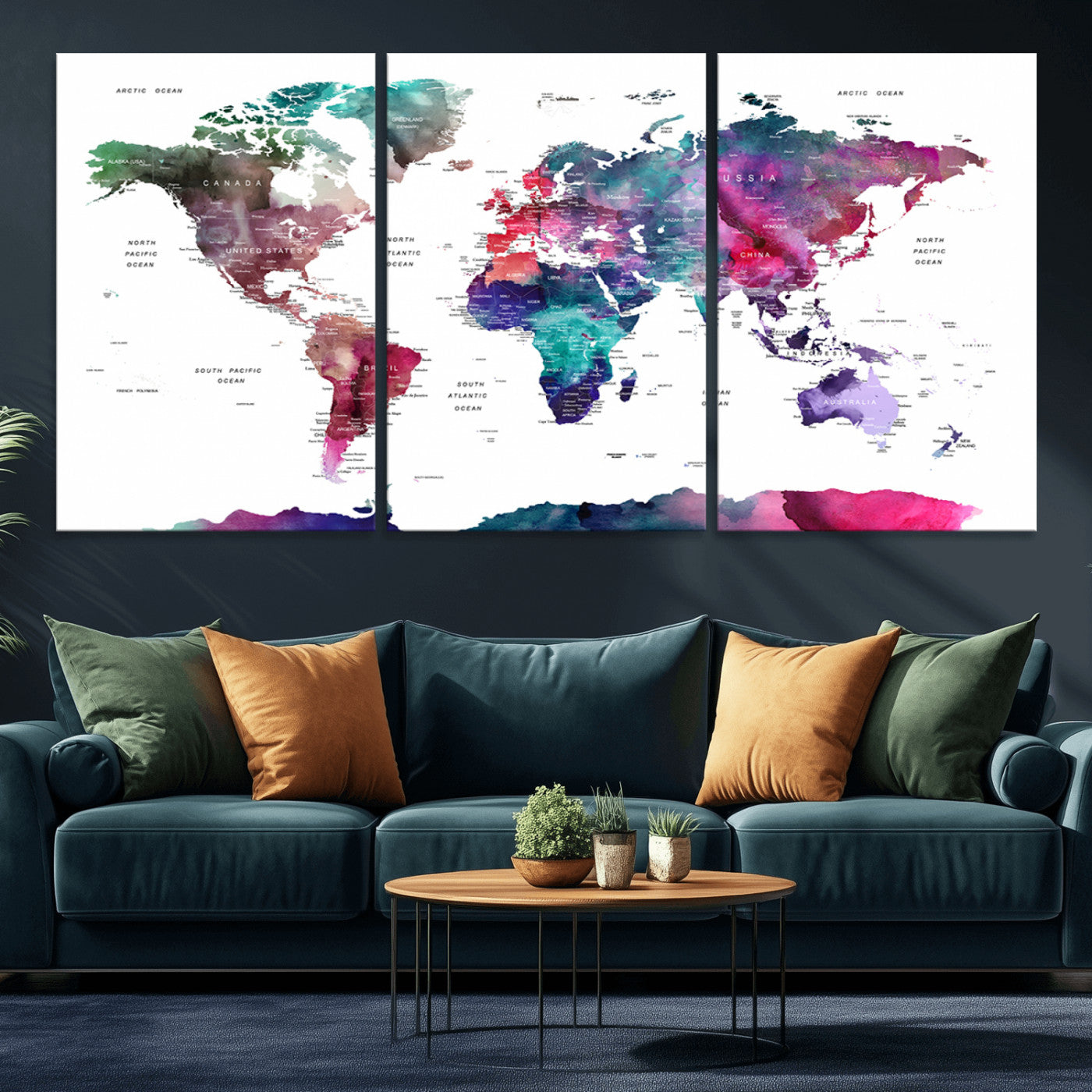 78176-MGV-CV-36X24-Colorful Watercolor World Map Canvas Wall Art – Framed Modern Map Print, Vibrant Travel Inspired Artwork for Home and Office Decor