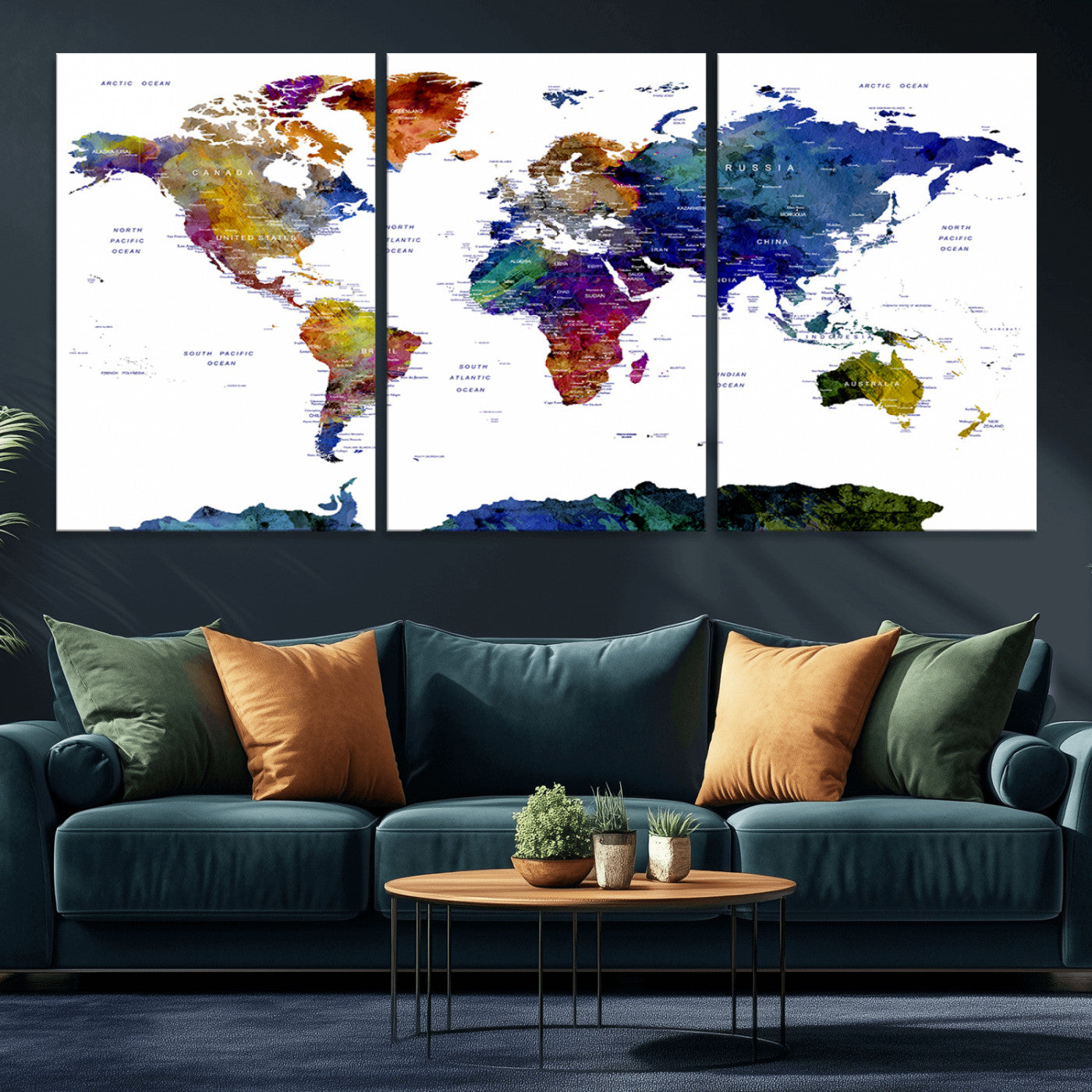 90446-MGV-CV-36X24-Colorful Watercolor World Map Canvas Wall Art – Framed Modern Push Pin Travel Map for Home and Office Decor