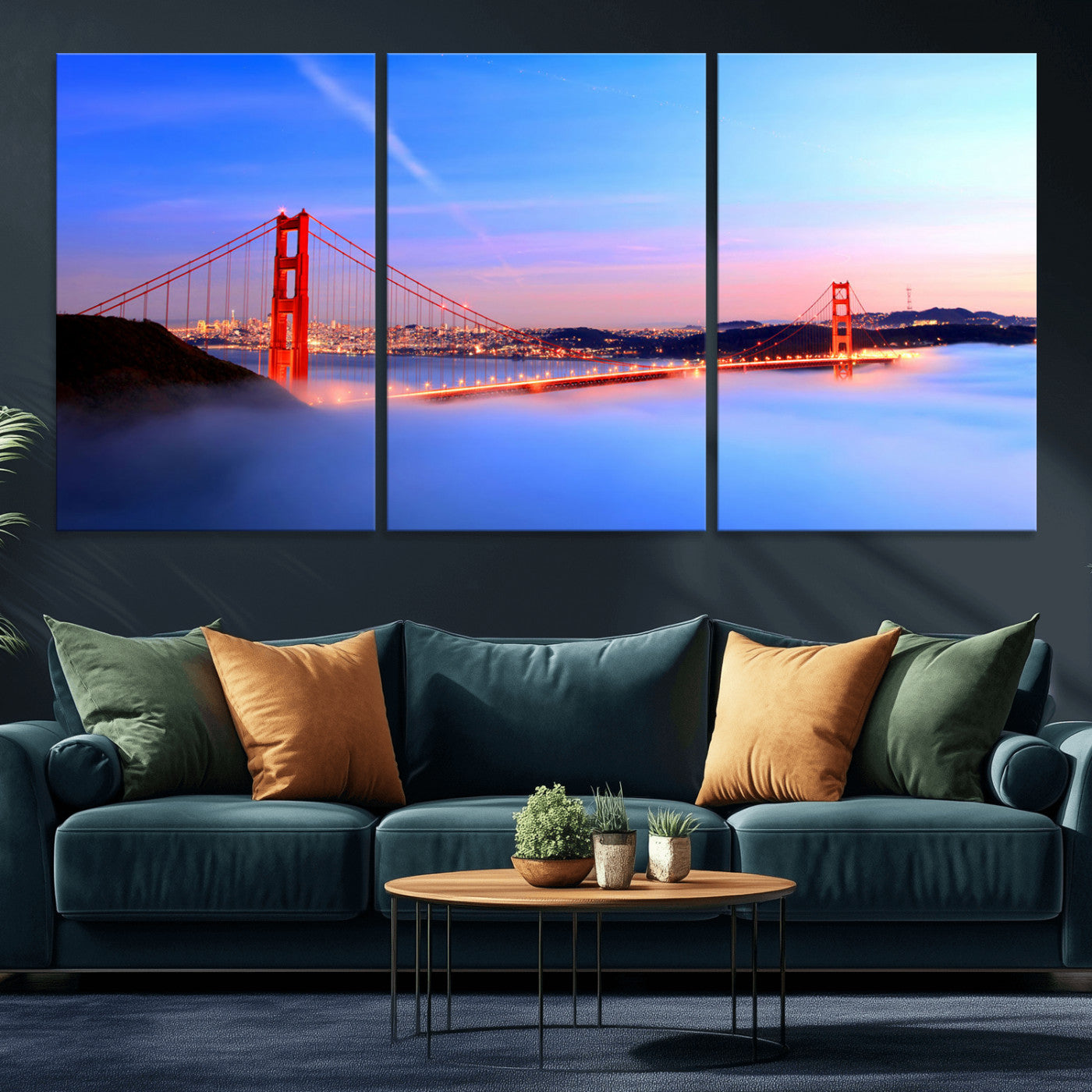 MGV-CV-60X30-3P - Golden Gate Bridge Wall Art Print, San Francisco Sunset Canvas Wall Art, Cityscape Canvas Print for
