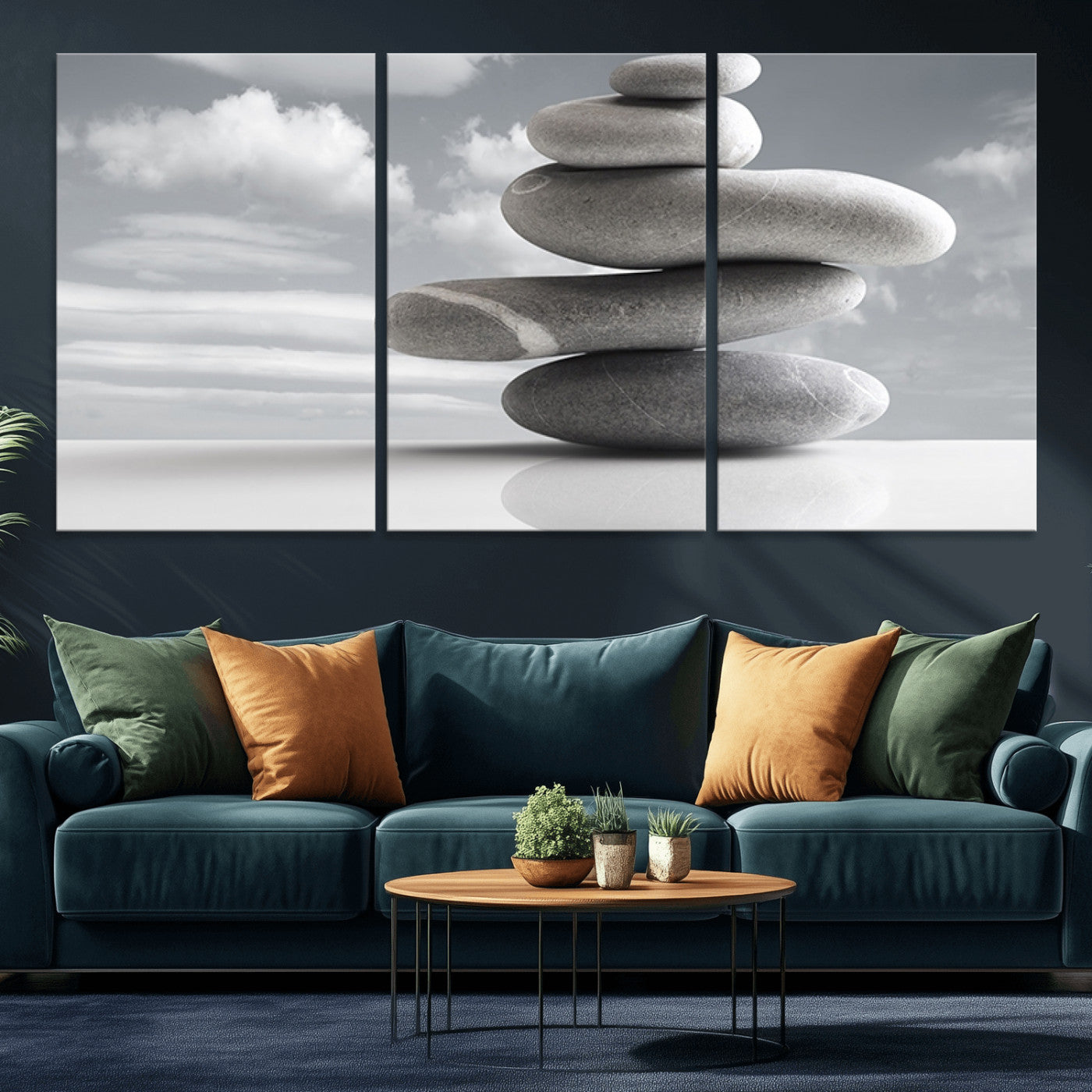 -Still Life Black and White Zen Stones Wall Art Canvas, Framed Black and White Zen Stones Canvas
