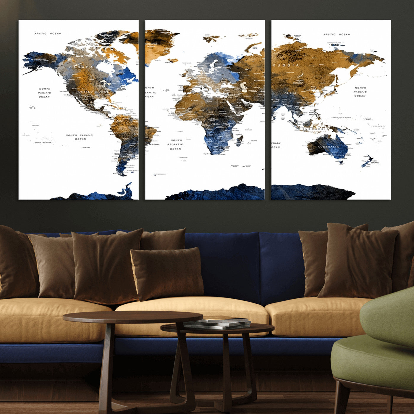 56231-MGV-CV-36X24-Navy and Gold World Map Canvas Wall Art – Framed Modern World Map Print, Elegant Travel Inspired Artwork for Home and Office Decor