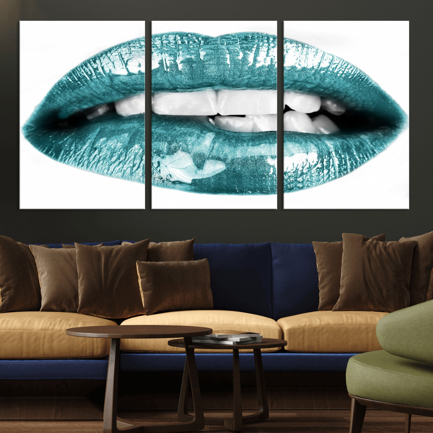 -Blue Lips Wall Art Canvas Print