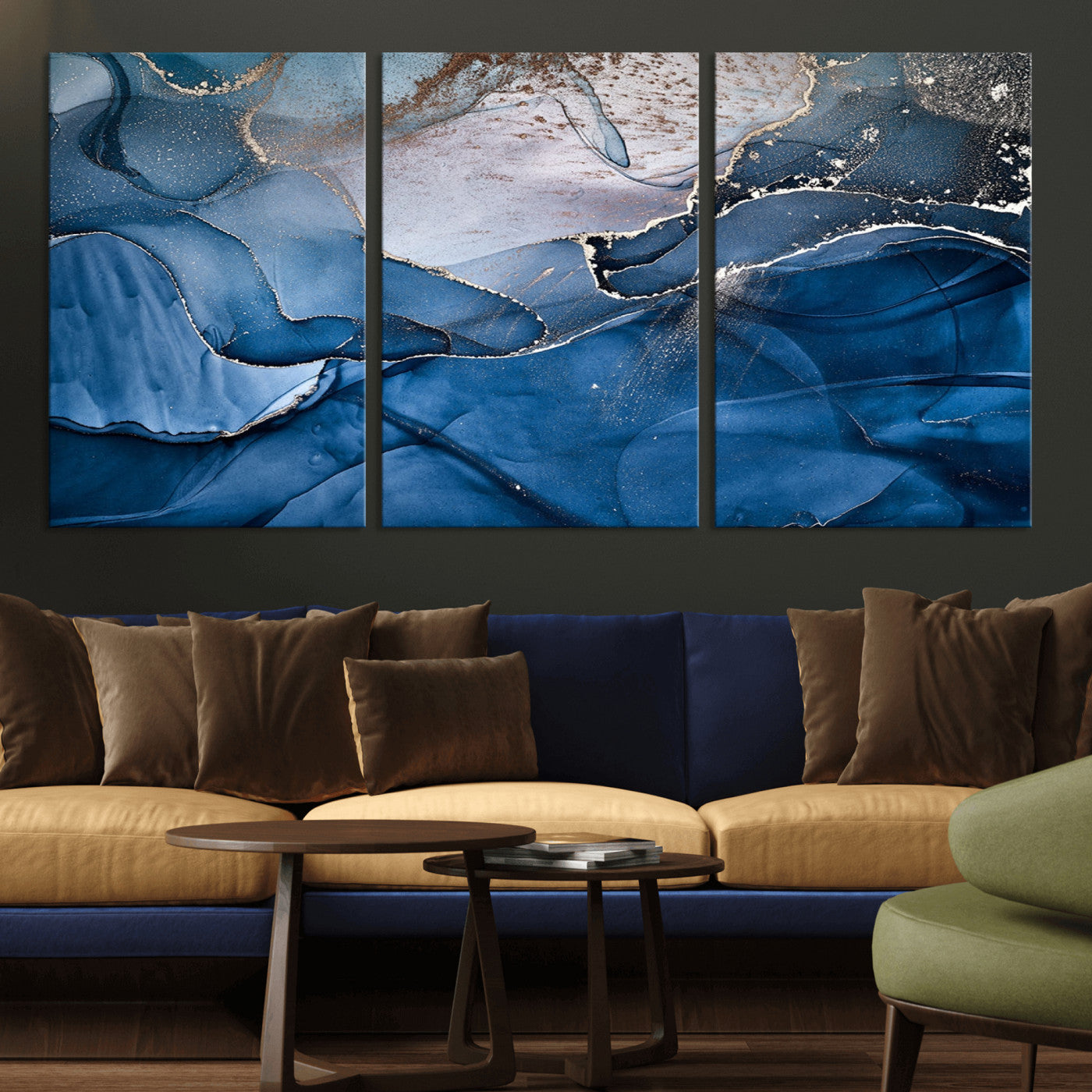 27810-MGV-CV-36X24-Navy Blue Canvas Art Abstract Print – Elegant Triptych Modern Art Print – Contemporary Decor for Living Room or Office