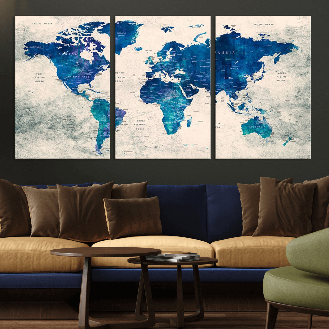 43947-MGV-CV-36X24-Blue Watercolor World Map Canvas Print – Framed Modern Wall Art, Elegant Push Pin Travel Map Decor for Home Office or Living Room