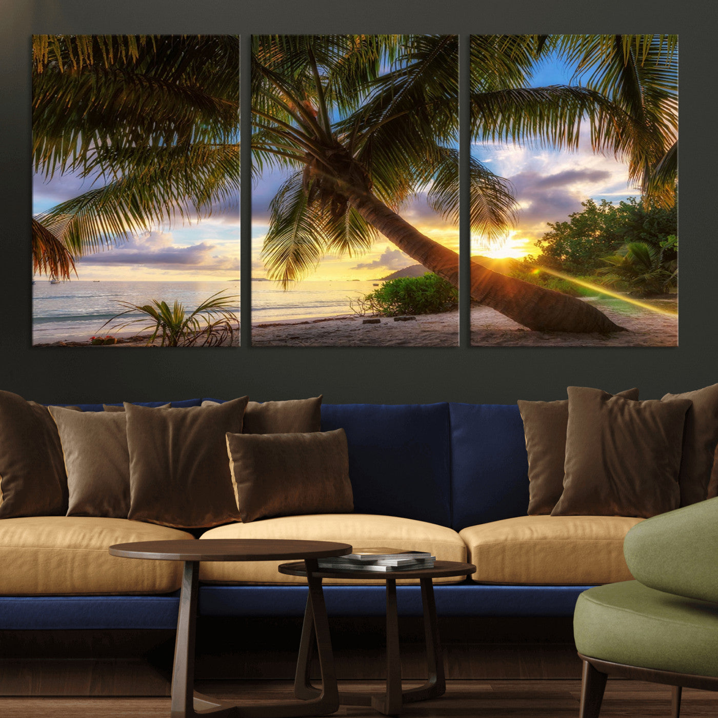 -Tropical Island Sunset on the Beach Palms Wall Art Canvas Print