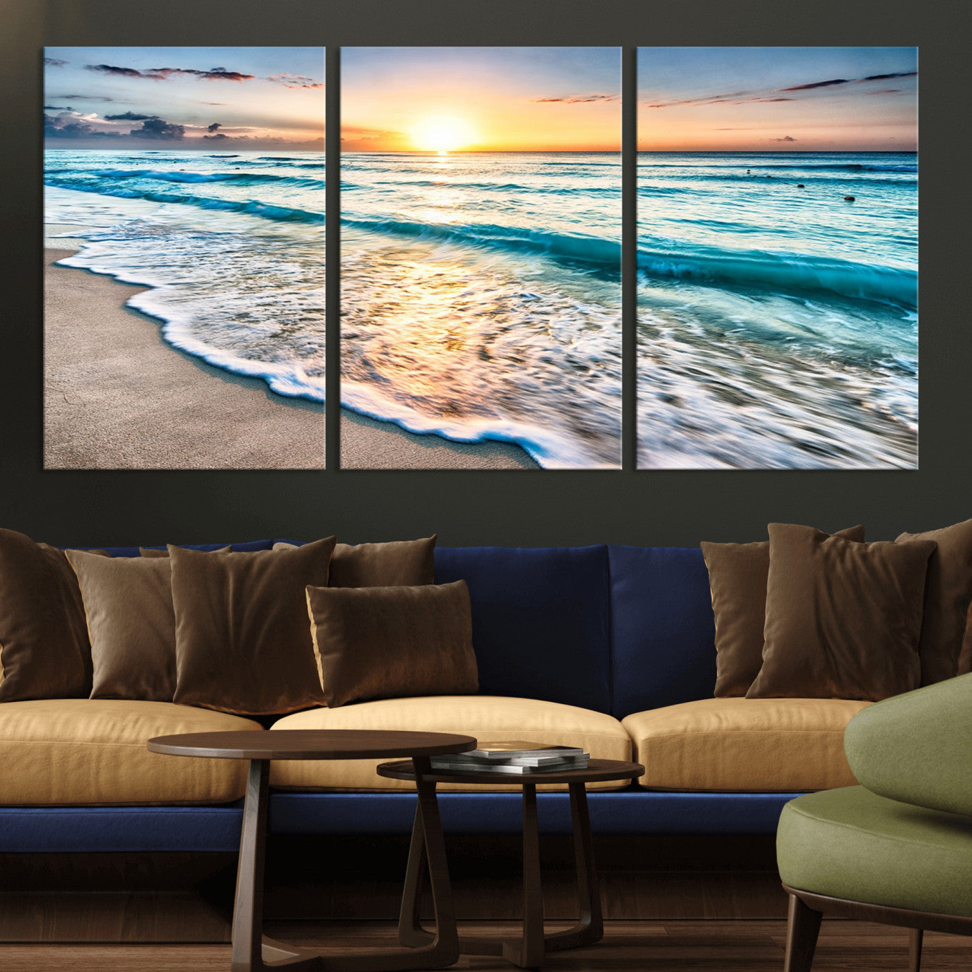 27815-MGV-CV-36X24-Sunset Beach Waves Canvas Wall Art – 5-Panel Ocean Sunset Print – Coastal Decor for Living Room or