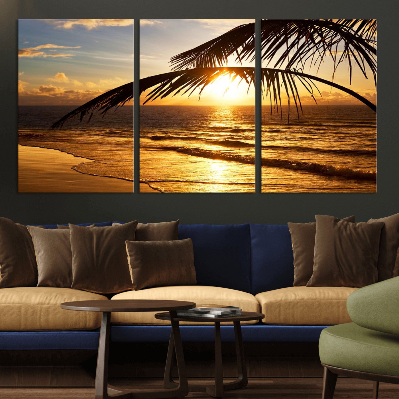 -Golden Tropical Beach Sunset Canvas Triptych, Coastal Palm Tree Wall Art, Ocean Shoreline Giclee