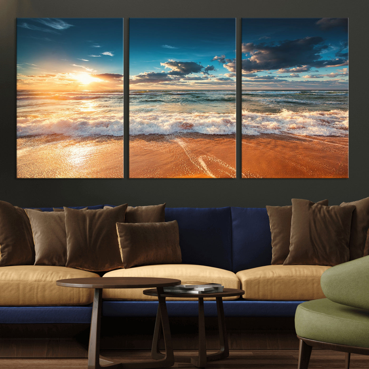 -Golden Sunset Beach Triptych Canvas Art, Giclee Coastal Wall Decor, Ocean Waves Print, Modern Beach