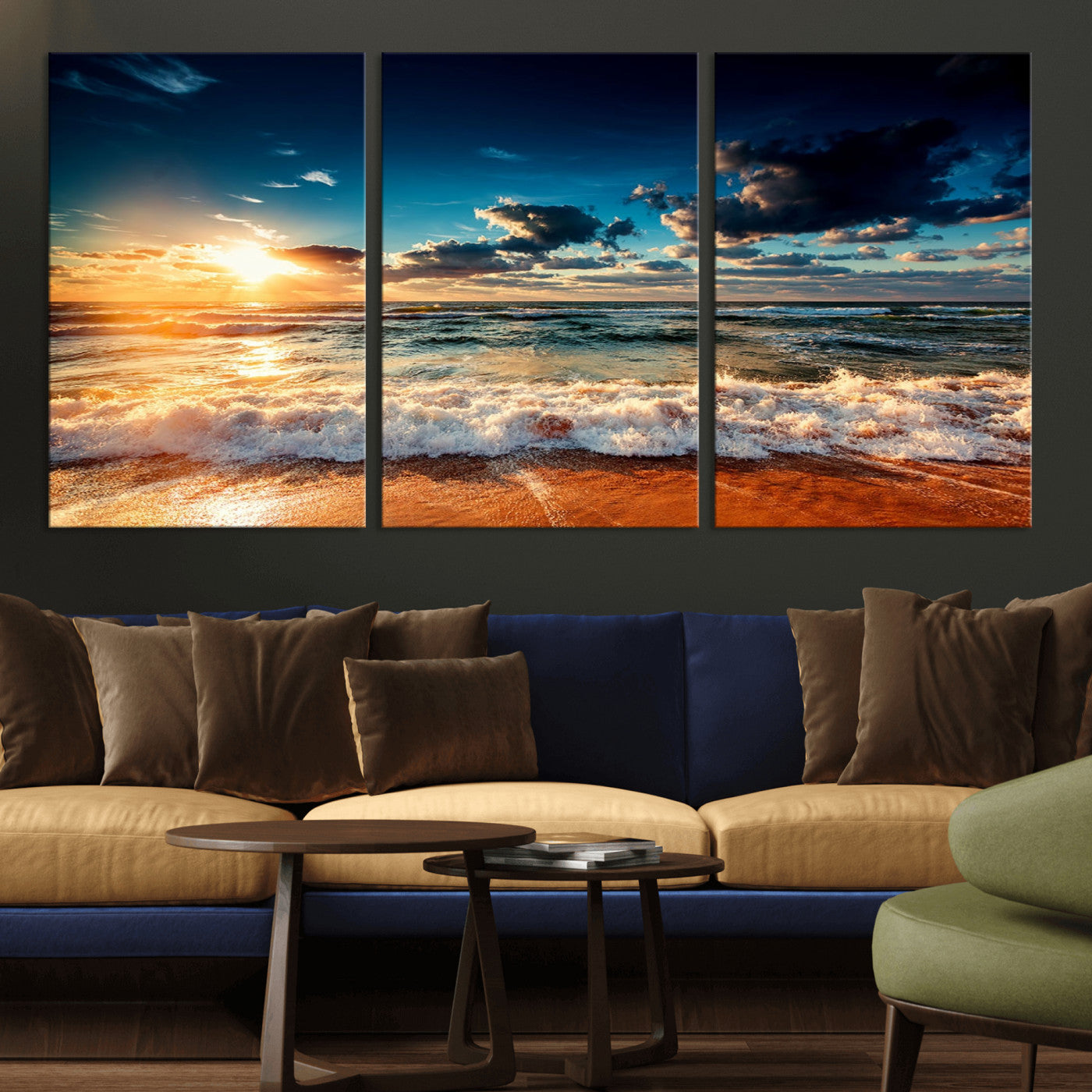 -Golden Hour Sunset Over Ocean Waves Wall Art Canvas Print | 3 Panel Coastal Landscape Canvas Wall