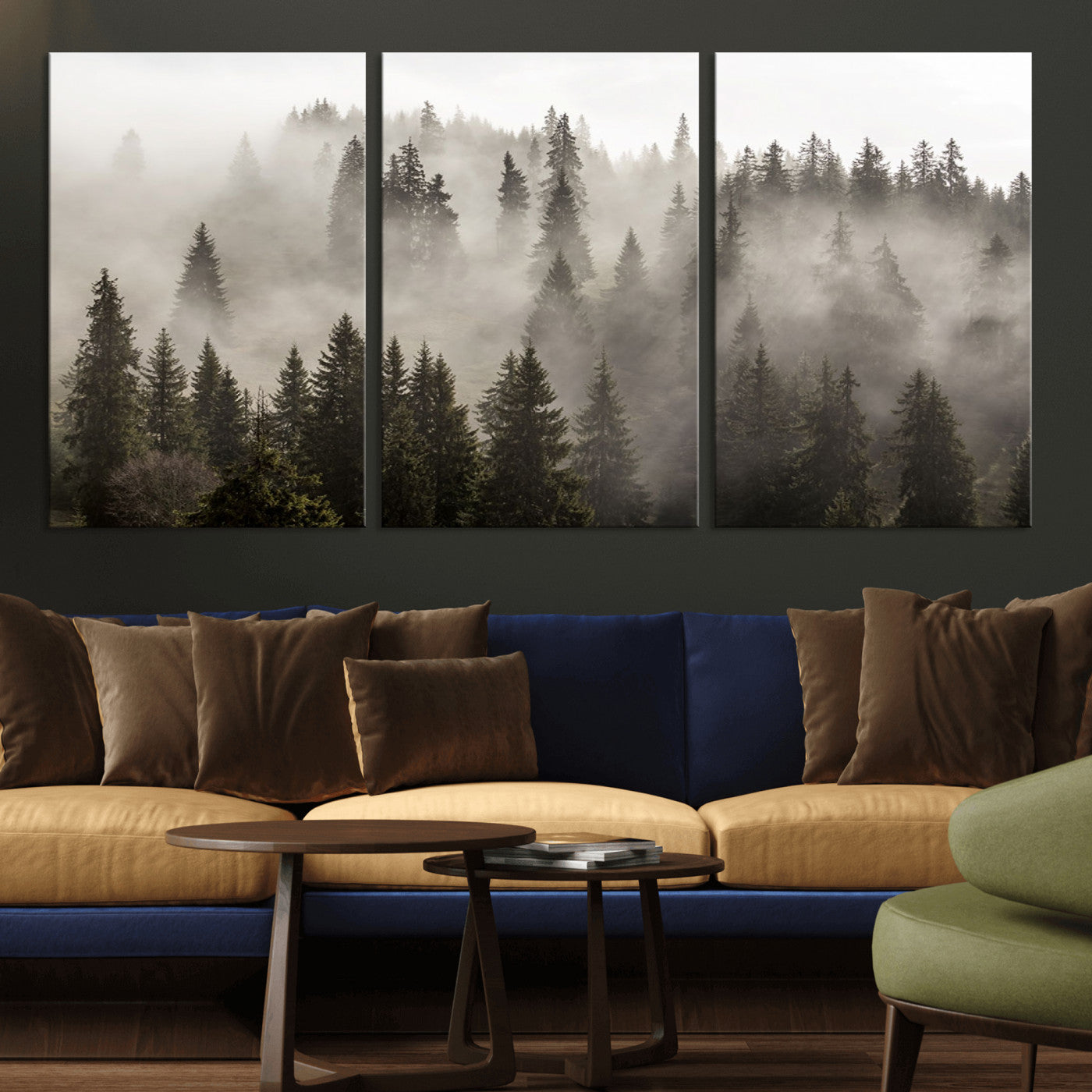 62862-MGV-CV-36X24-Foggy Mountain Wall Art | 3-Panel Foggy Forest and Mountain Landscape | Large Giclee Print for