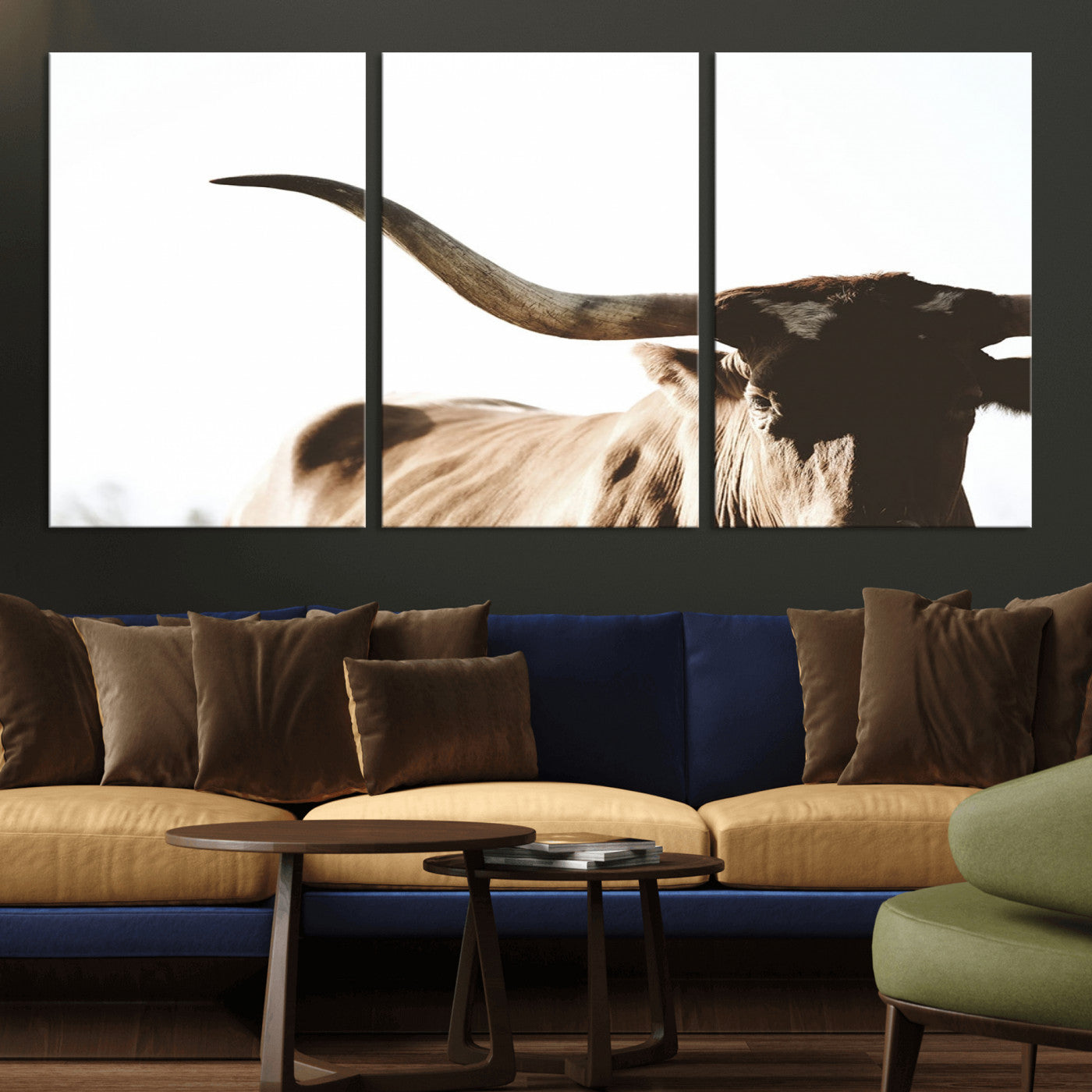 35866-MGV-CV-36X24-Texas Longhorn Wall Art Canvas Print | 3-Panel Large Longhorn Canvas Print for Living Room, Framed