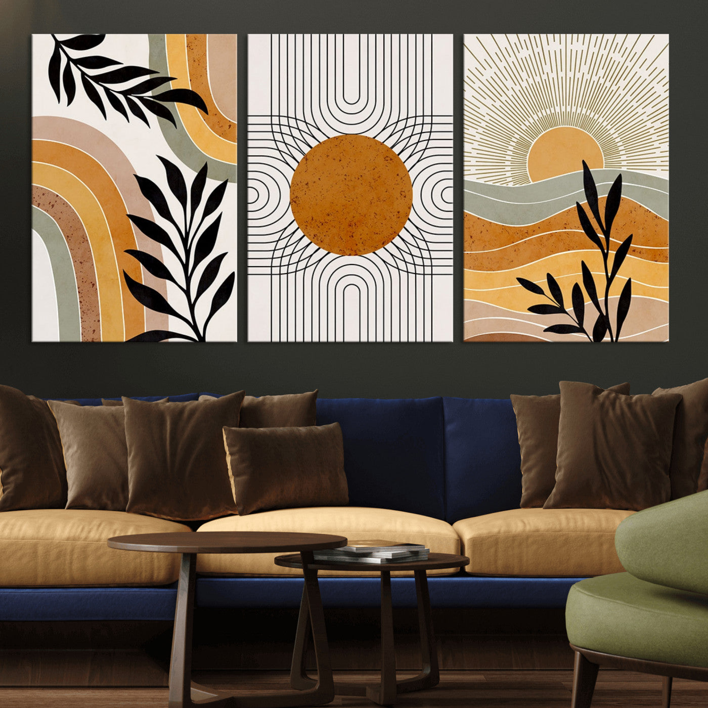 -Modern Boho Sun and Leaf Abstract Art – 3-Panel Giclée Canvas for Mid-Century Modern or Bohemian