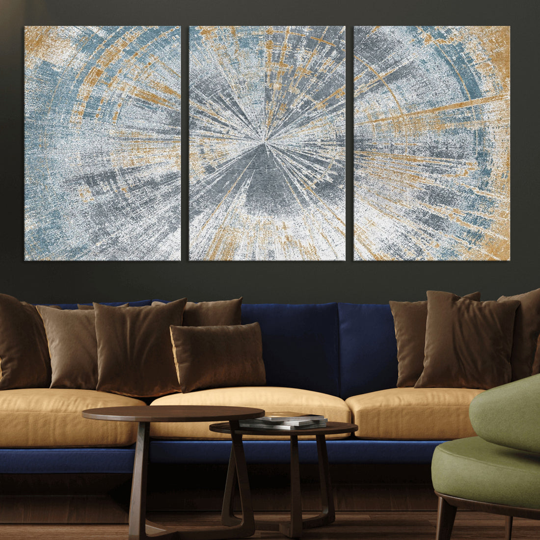 Radiant Abstract Wood Rings Canvas Art, Modern Triptych Wall Decor for Living Room or Office