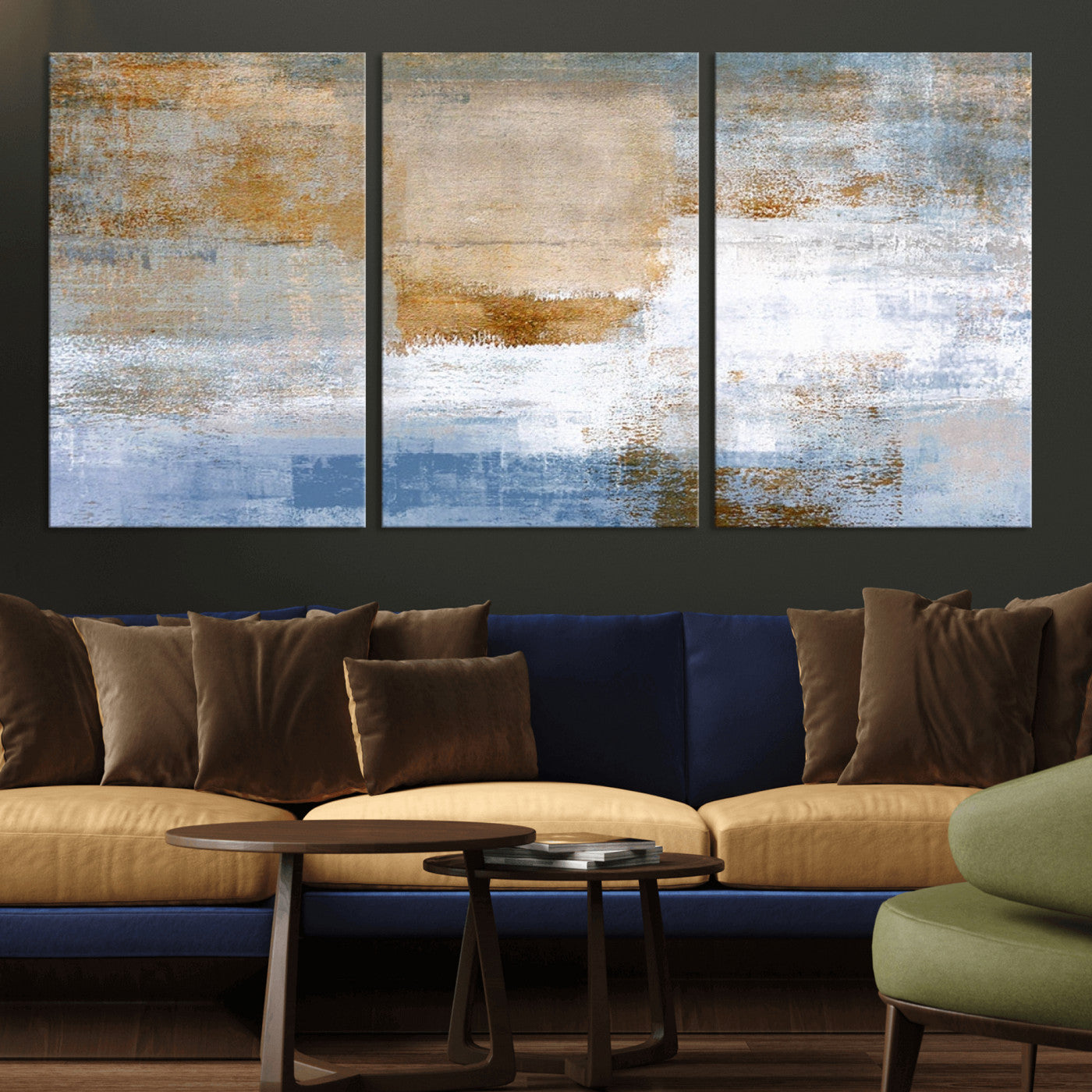 72354-MGV-CV-36X24-Blue Multi Panel Abstract Wall Art Canvas, Abstract Blue and Gold Canvas Print