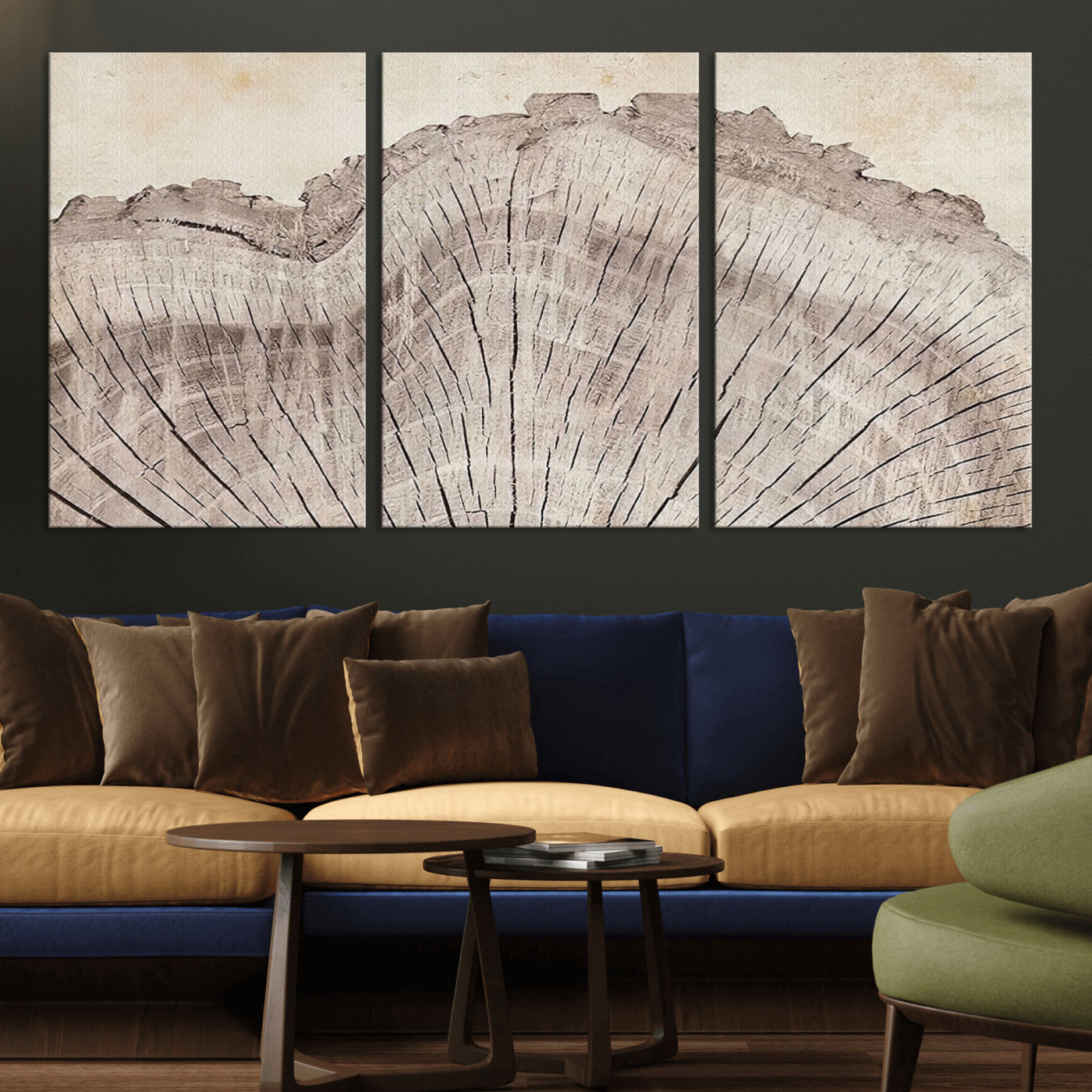 -Tree Ring Wall Art Triptych, Rustic Wood Ring Canvas Print, Minimalist Wall Decor for Modern Homes