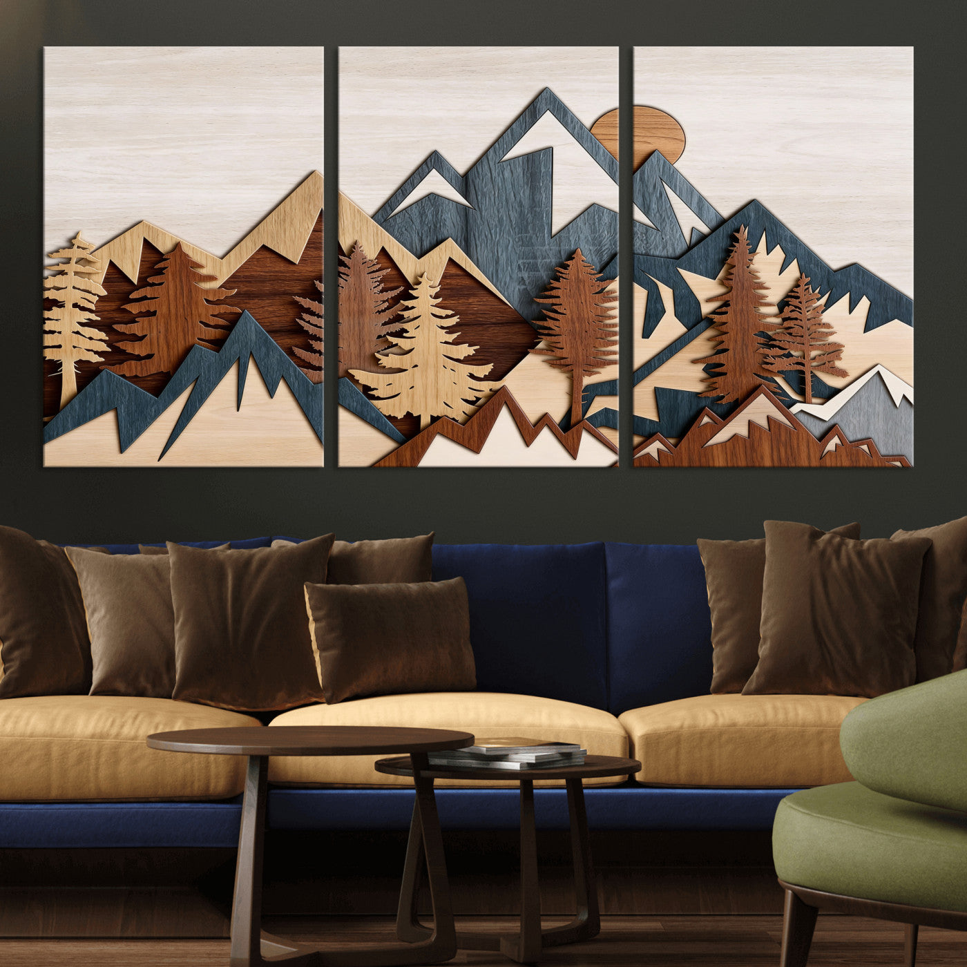 67950-MGV-CV-36X24 - Rustic Abstract Wood Panel Effect Canvas Mountain Range Top Wood Wall Art Canvas Print