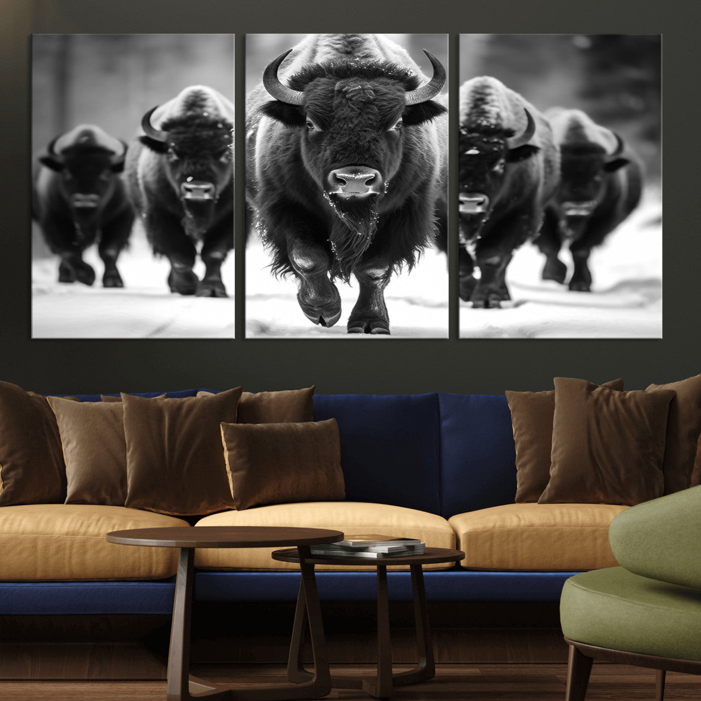 -American Bison Art | Buffalo Herd Wall Art Canvas Print, BW American Bison Herd Wall Art Canvas