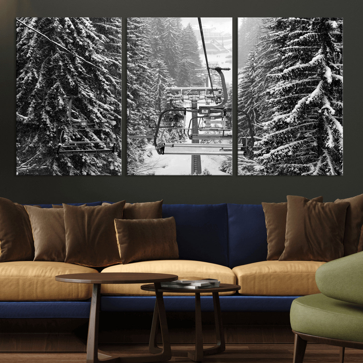 19240-MGV-CV-36X24-Winter Ski Lift Black and White Canvas Wall Art – Alpine Escape in Minimalist Style – Winter Ski