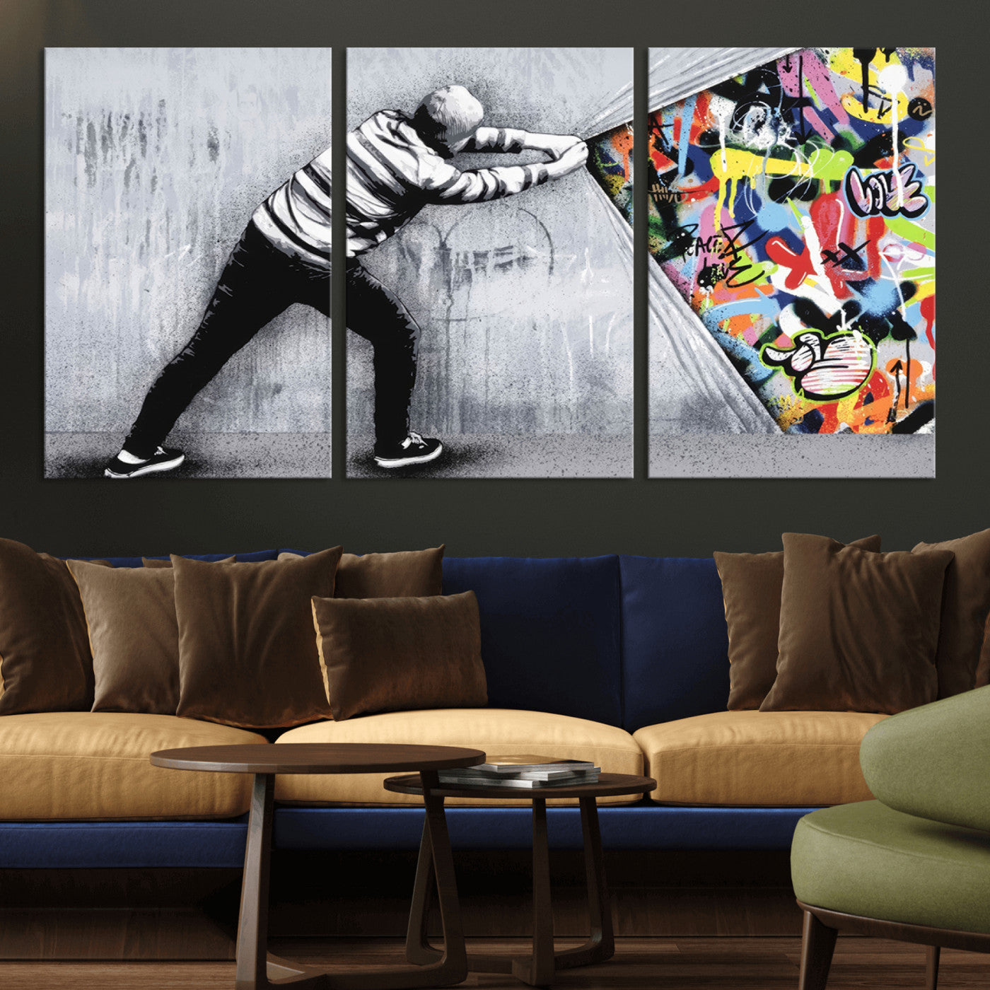 52252-MGV-CV-36X24-Banksy Art Behind the Curtain Street Wall Art Canvas Print | 3-Panel Urban Graffiti-Inspired Wall