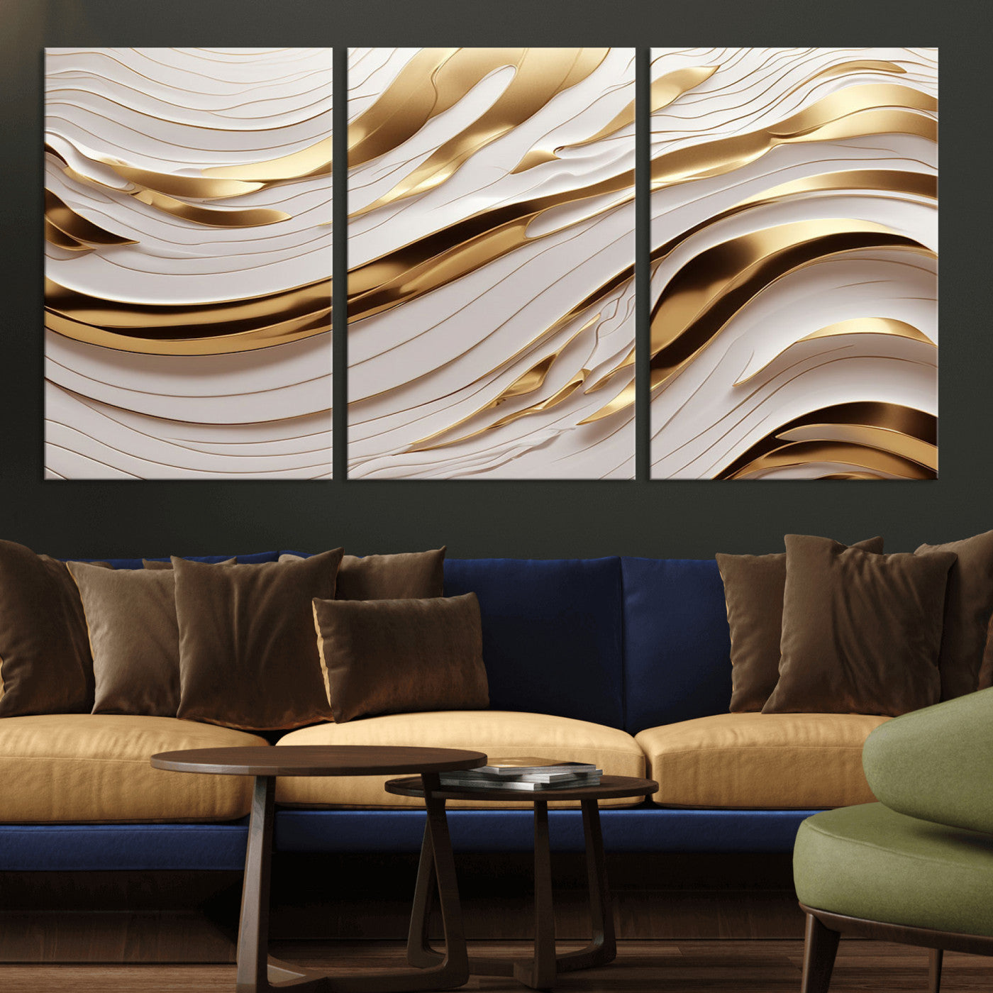 81197-MGV-CV-36X24-Gold and White Abstract Wave Canvas – Elegant Flowing Design with Luxurious Golden Accents –