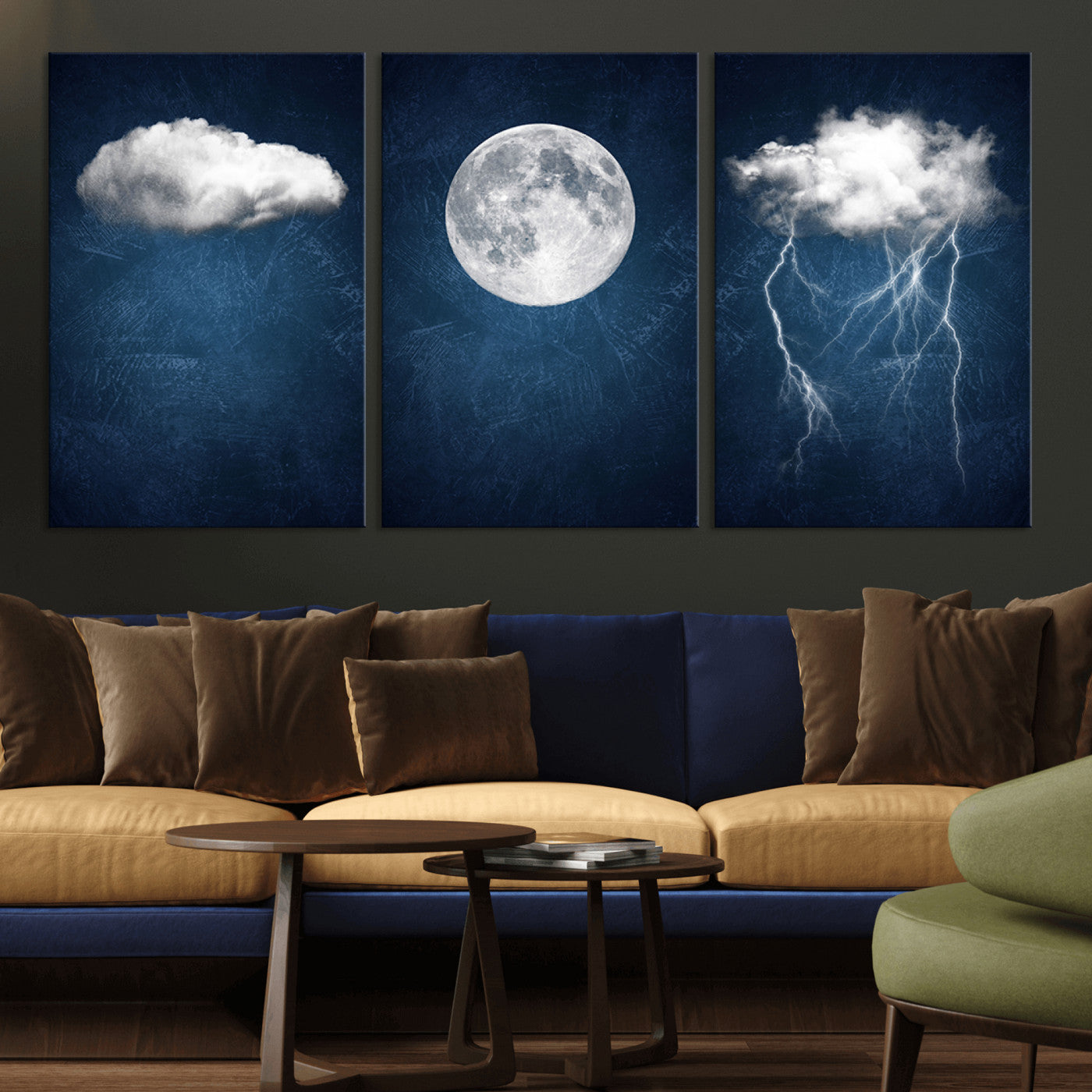 96569-MGV-CV-36X24-Dark Blue Cloud Art, 3 Piece Indigo Blue Wall Art, Aesthetic Surreal Art, Thunderstorm Moon Cloud