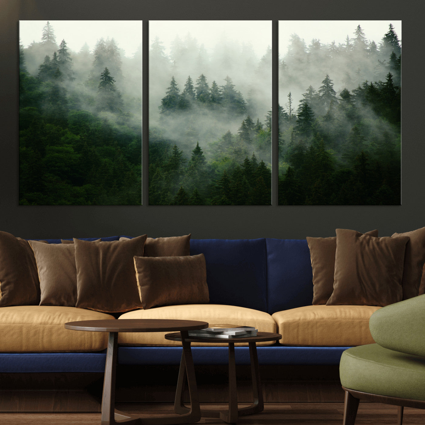 167720496-MGV-CV-36X24 - Misty Forest Mountain Wall Art Canvas | Large 3-Panel Foggy Landscape Canvas Print | Nature Misty