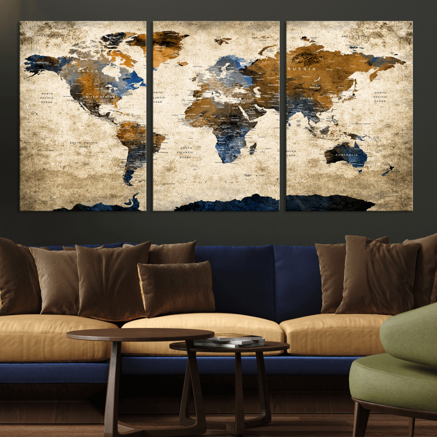 51140-MGV-CV-36X24-World Map Wall Art – Rustic Earth Tone Canvas Print, Antique Travel Map Design for Living Room, Office or Study, Classic Adventure Decor