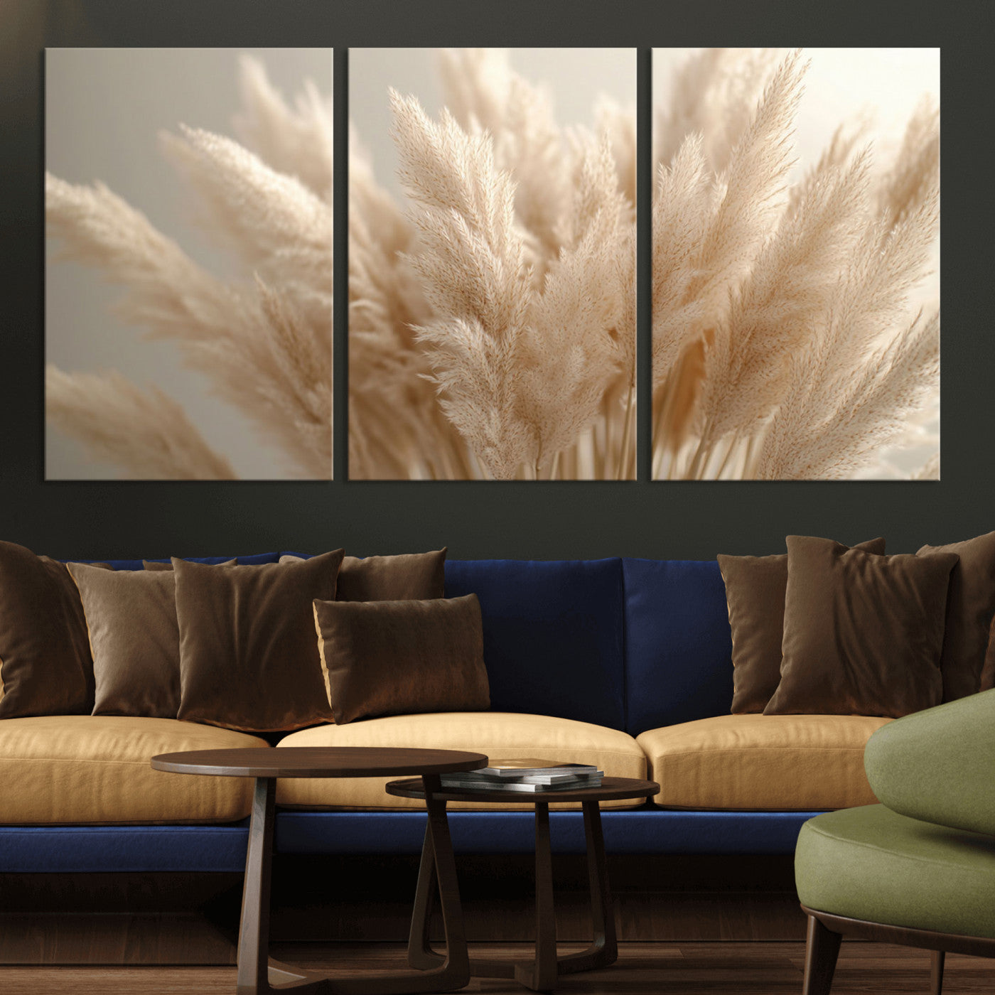-Pampas Grass Canvas Wall Art - Elegant Neutral Decor for Living Room, Boho Minimalist Artwork, Ready