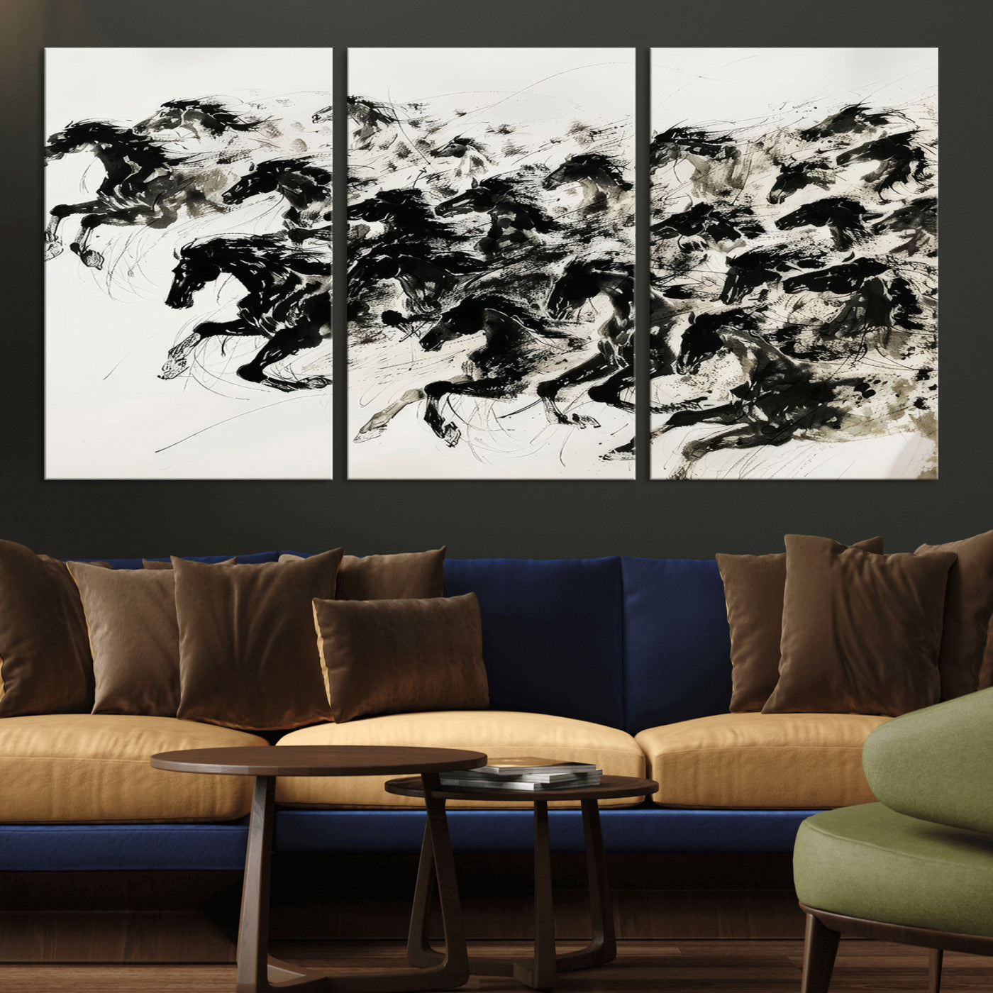 MGV-CV-60X30-3P - Abstract Horse Wall Art Canvas Print - Dynamic Black Ink Horse Print - Modern Equine Wall Decor for