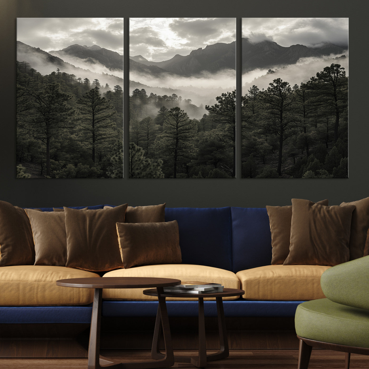 Canvas of moody pine forest and foggy mountain peaks under overcast skies, ideal for calm and rustic woodland-themed home decor.