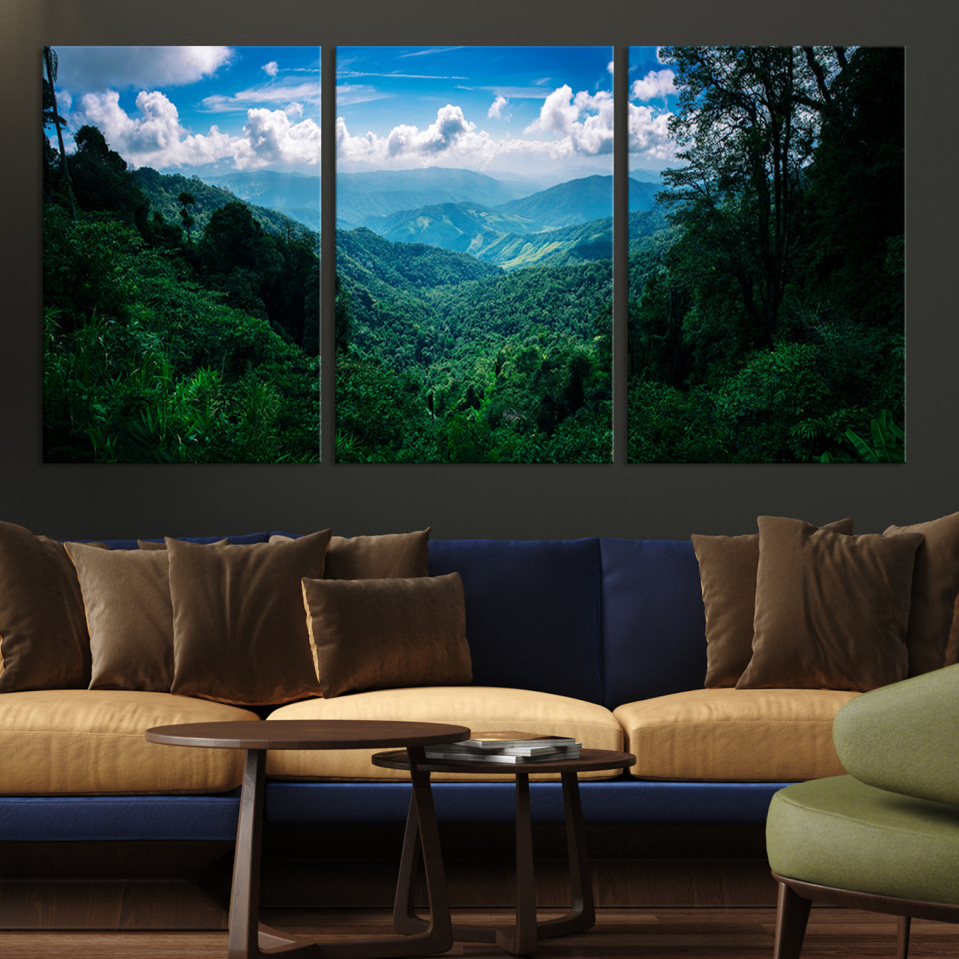 Canvas of a misty tropical jungle with vibrant greenery and layered blue mountains, ideal for exotic nature-themed wall décor.
