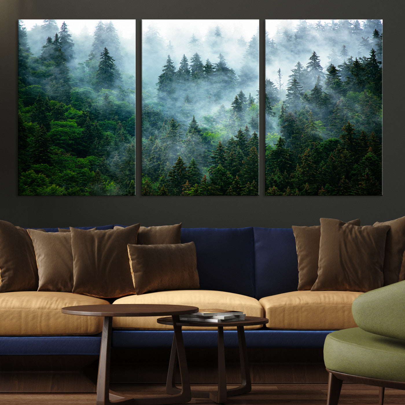 17393683-MGV-CV-48X32-3P-Misty Forest Wall Art Canvas Print – Framed Foggy Mountain Landscape Artwork, Serene Scenic Decor for Home, Office