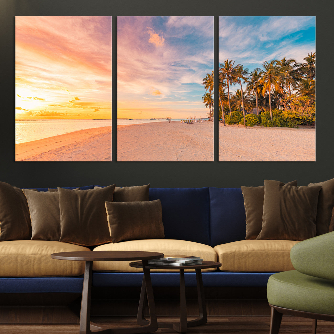 Tropical beach canvas with palm trees and soft sunset tones, ideal for coastal or beach-style home décor in warm pastel hues.