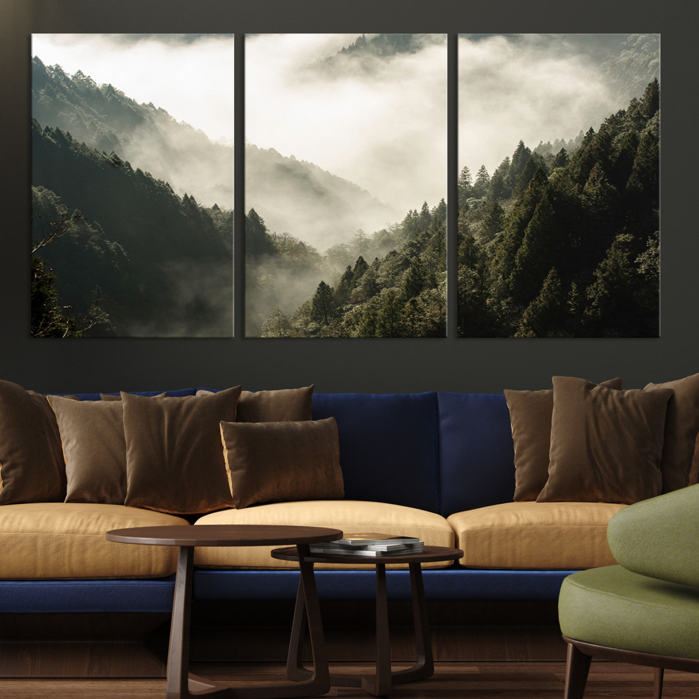 Canvas showing a misty pine forest valley with layered green hills and soft fog, perfect for moody or nature-themed decor styles.