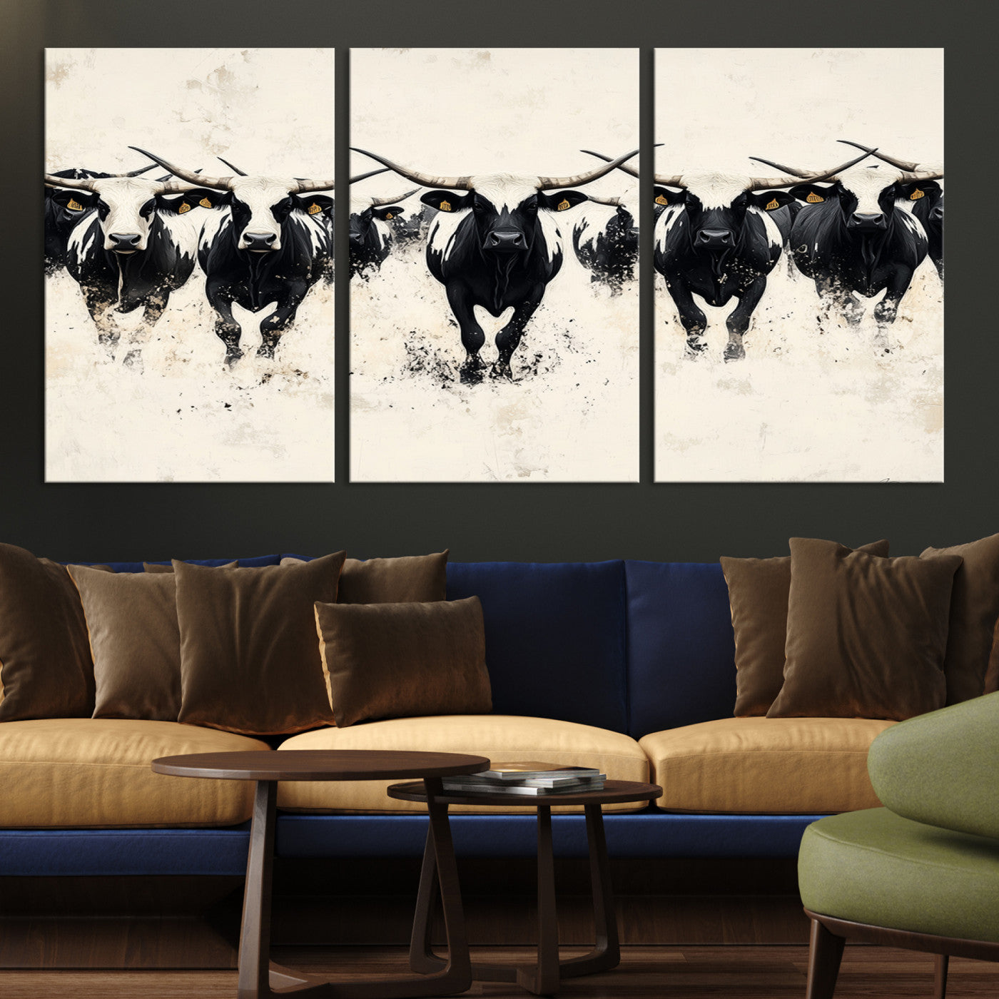 Canvas artwork of black and white Texas longhorns in a bold stampede over a minimalist background, ideal for rustic modern or Western-themed decor.