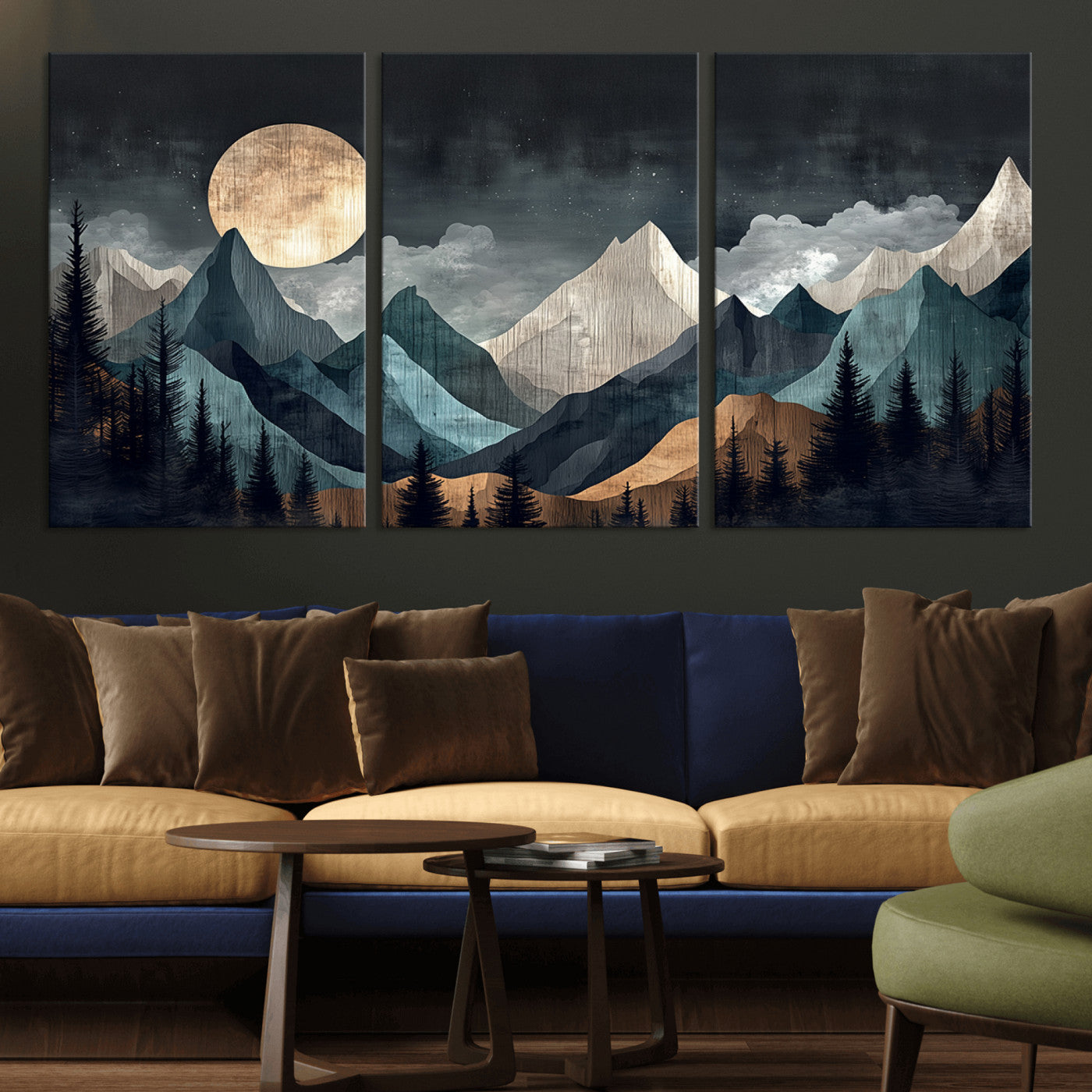 11060882-MGV-CV-36X24-Moonlit Mountain Wall Art Canvas Print – Silhouetted Pines Layered Peaks Tranquil Sky Mist Silver Light Nature Artwork for Home